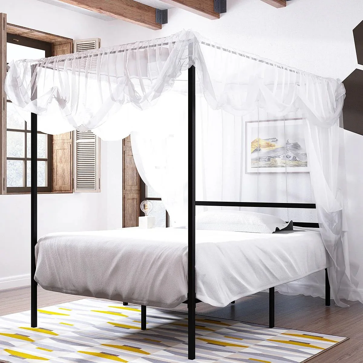 Full size Modern Four Poster Metal Canopy Bed in Black Finish - Image 4