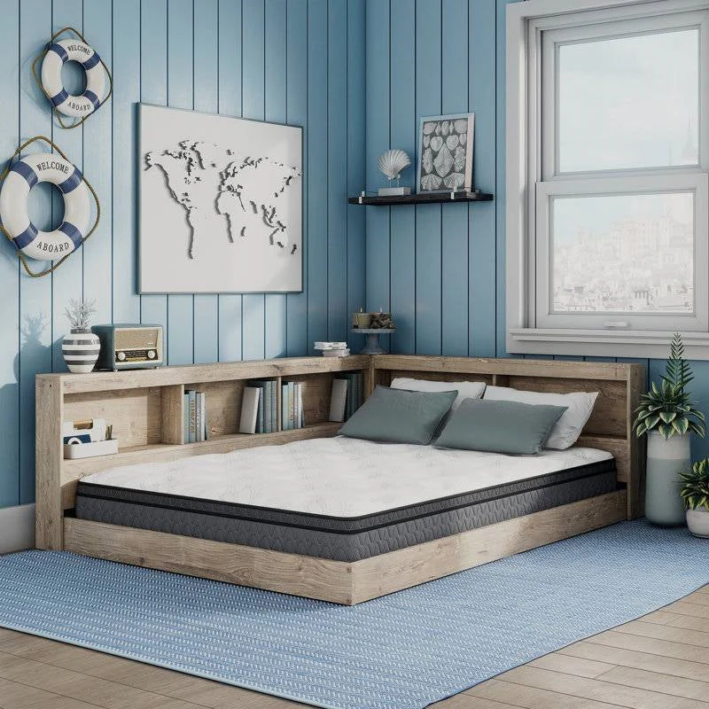 Full size Natural Wood Corner Storage Bed with Bookcase Headboard and USB Ports - Image 2