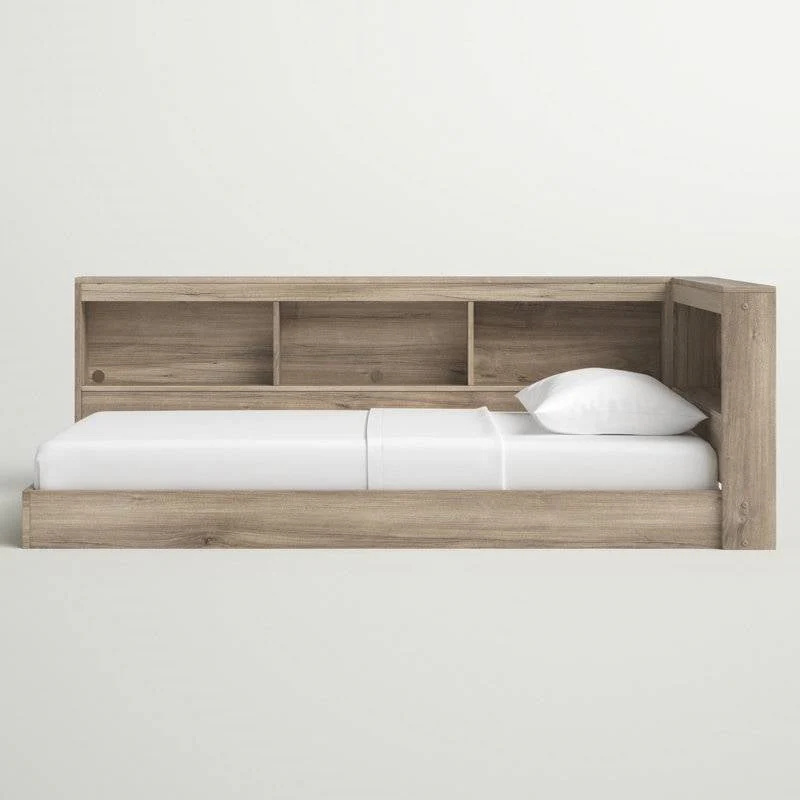 Full size Natural Wood Corner Storage Bed with Bookcase Headboard and USB Ports - Image 3