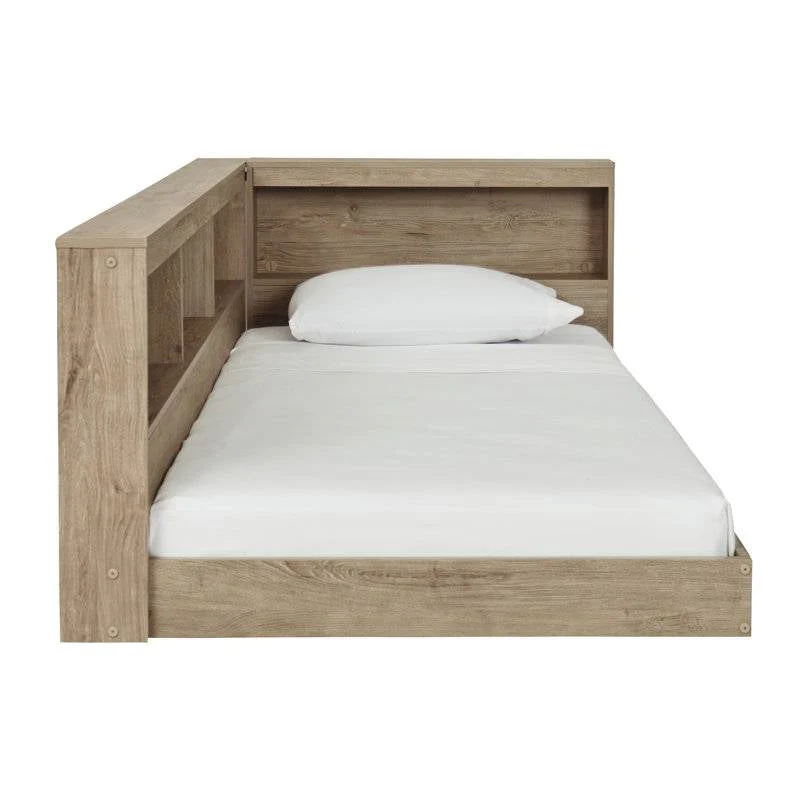 Full size Natural Wood Corner Storage Bed with Bookcase Headboard and USB Ports - Image 4