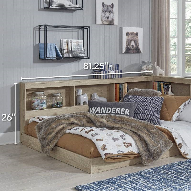 Full size Natural Wood Corner Storage Bed with Bookcase Headboard and USB Ports - Image 5