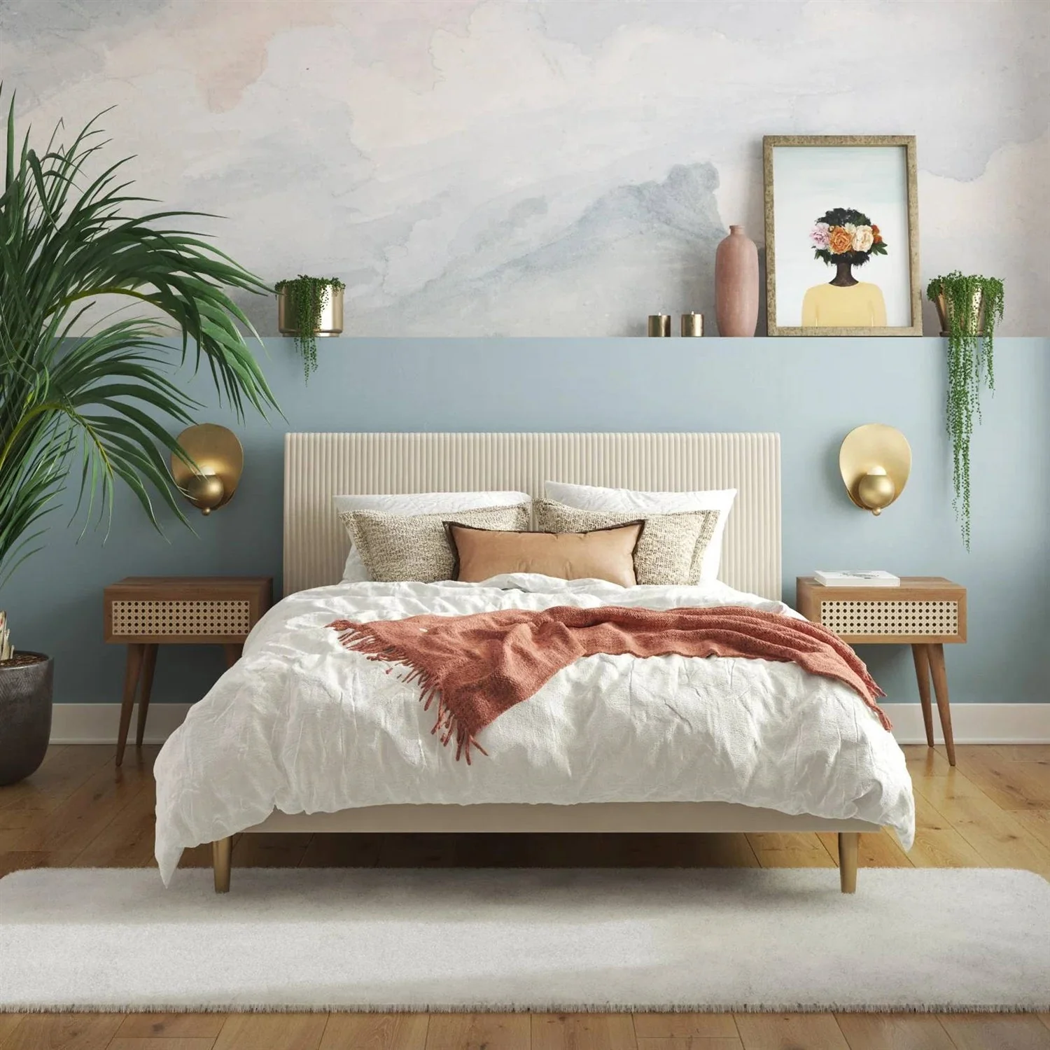 Full size Off-White Ivory Cream Upholstered Platform Bed Frame with Headboard - Image 2
