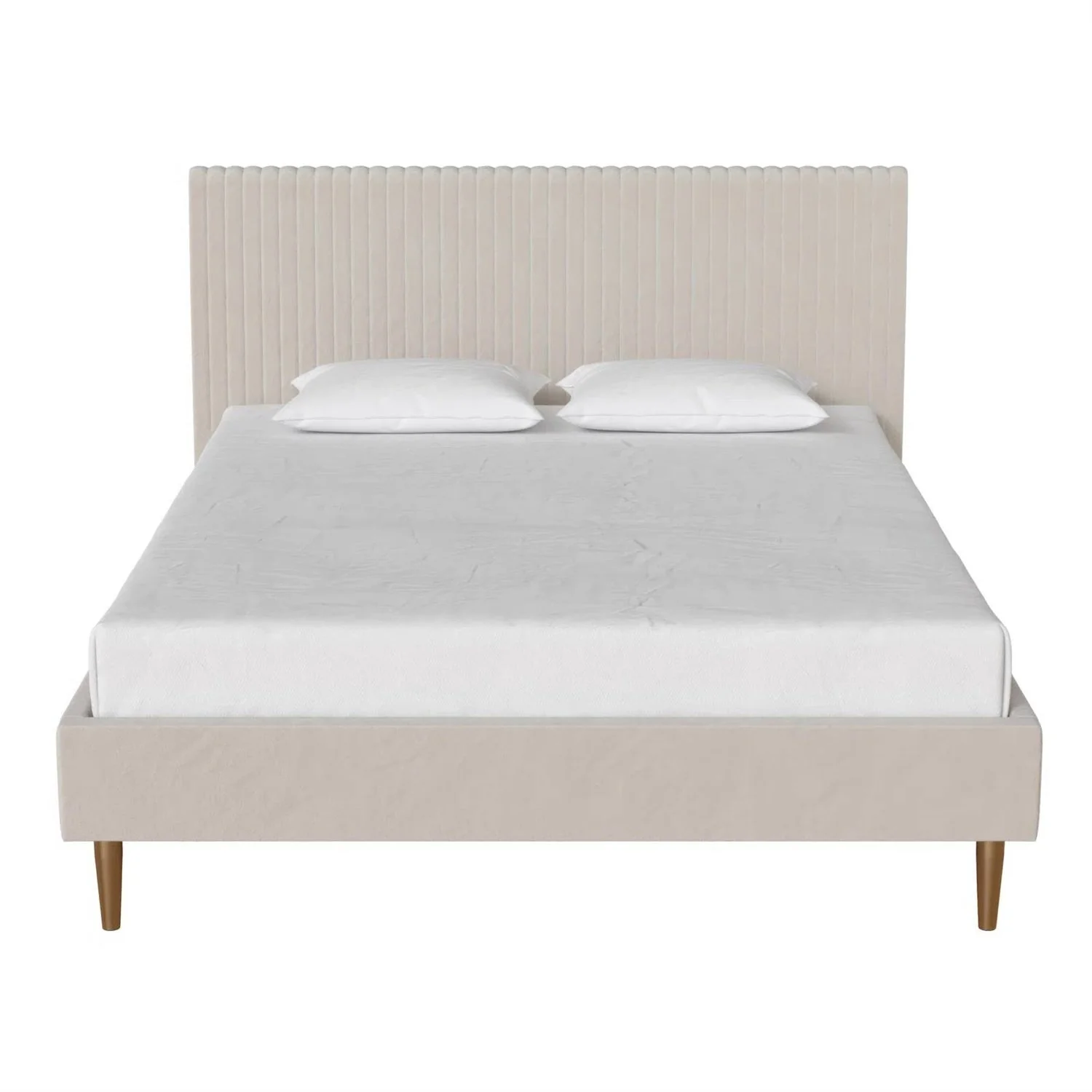 Full size Off-White Ivory Cream Upholstered Platform Bed Frame with Headboard - Image 3