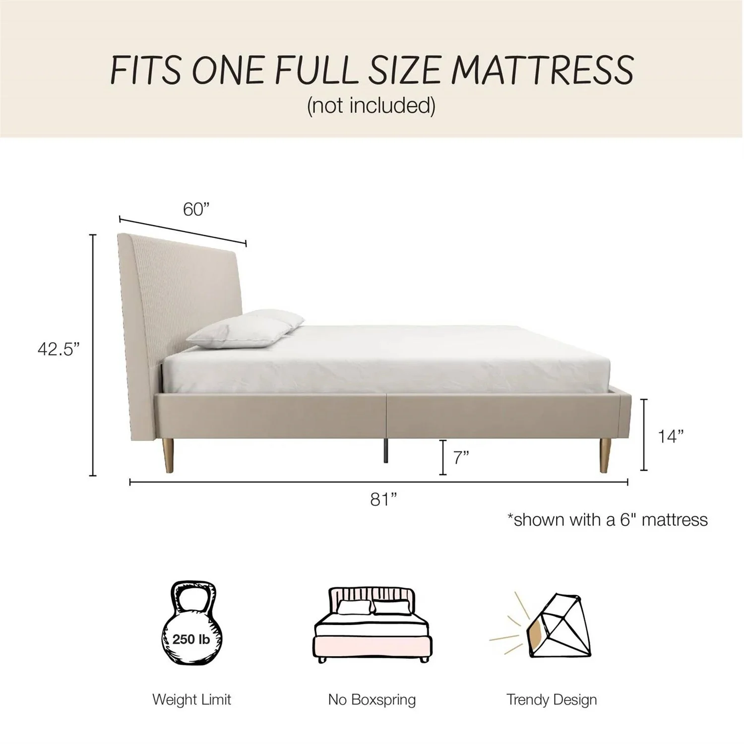 Full size Off-White Ivory Cream Upholstered Platform Bed Frame with Headboard - Image 5