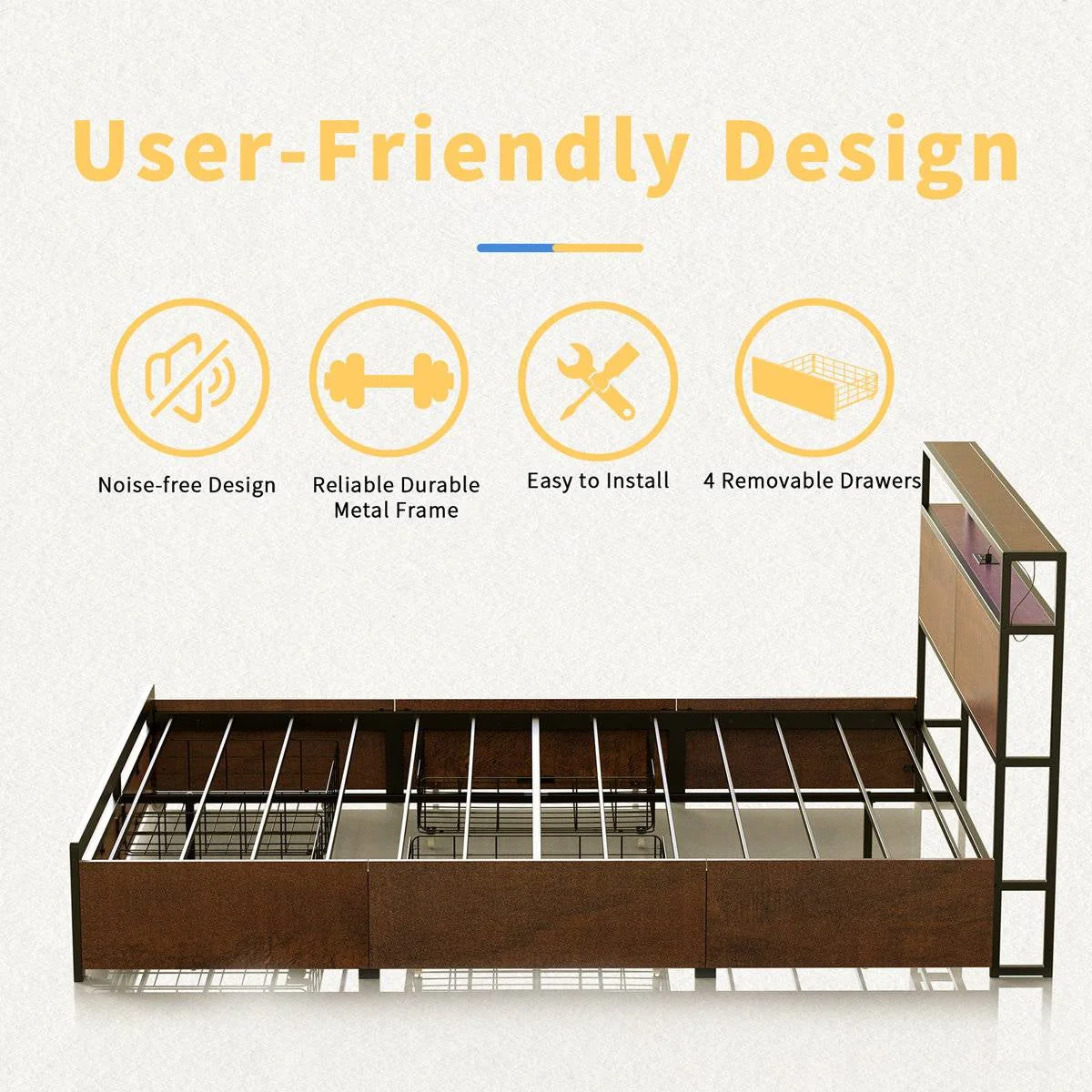Full size Platform Bed with Headboard and Storage Drawers in Brown Wood Finish - Image 3