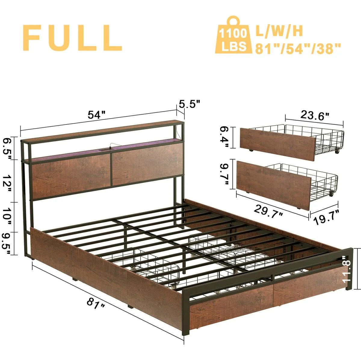 Full size Platform Bed with Headboard and Storage Drawers in Brown Wood Finish - Image 5
