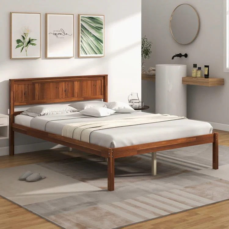 Full Size Retro Wood Platform Bed Frame with Headboard in Walnut - Image 2