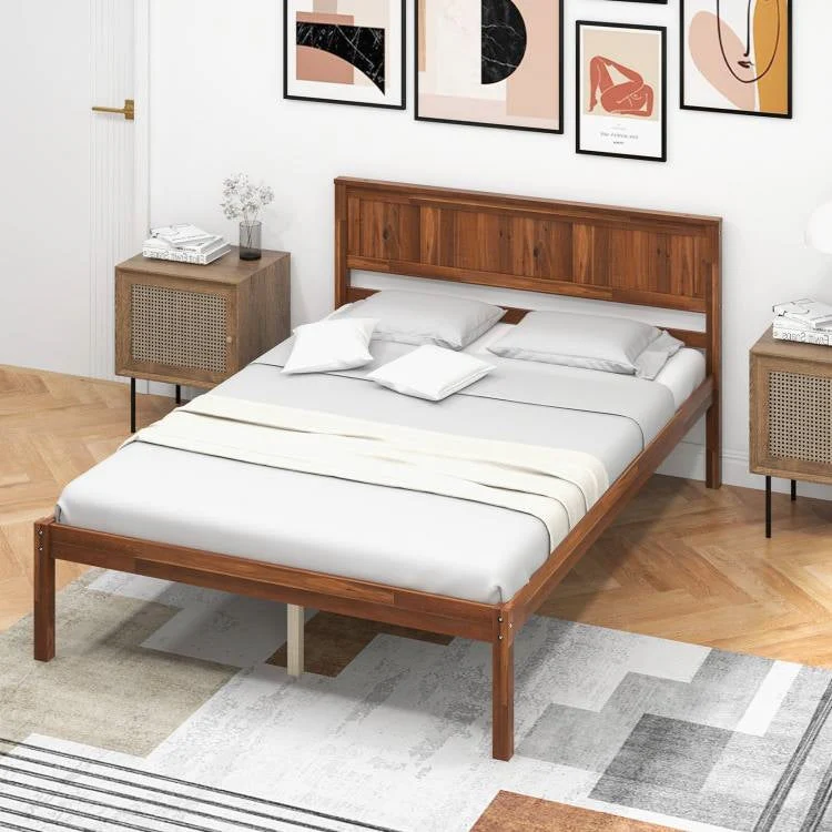 Full Size Retro Wood Platform Bed Frame with Headboard in Walnut - Image 3