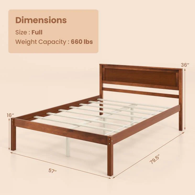 Full Size Retro Wood Platform Bed Frame with Headboard in Walnut - Image 4