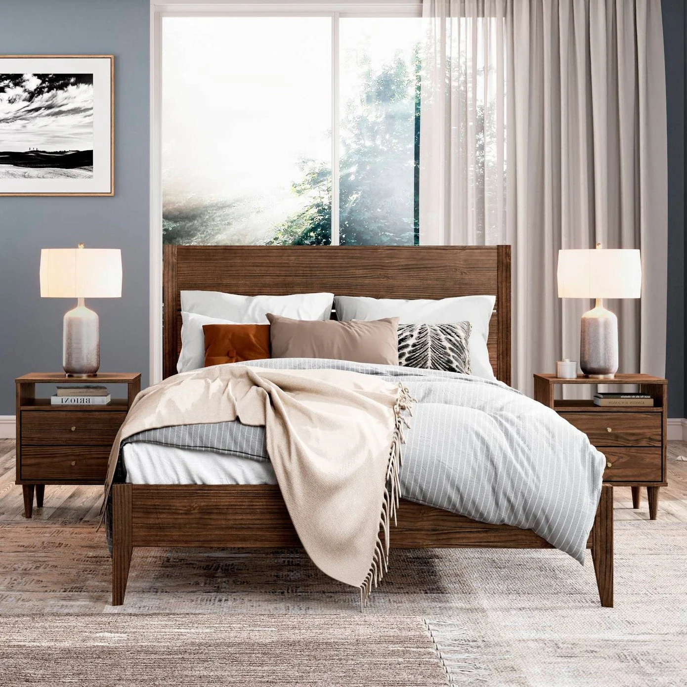 Full Size Rustic Walnut Mid Century Slatted Platform Bed - Image 5