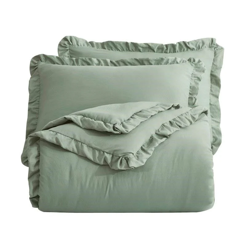 Full Size Sage Green Microfiber 3-Piece Comforter Set with Ruffled Edge Trim - Image 2
