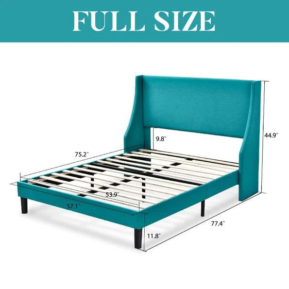 Full Size Turquoise Linen Blend Upholstered Platform Bed with Wingback Headboard - Image 5