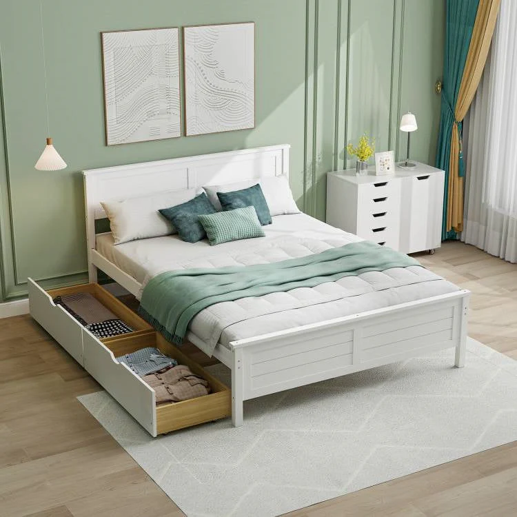 Full Size White Platform Bed Frame with 2 Storage Drawers - Image 2
