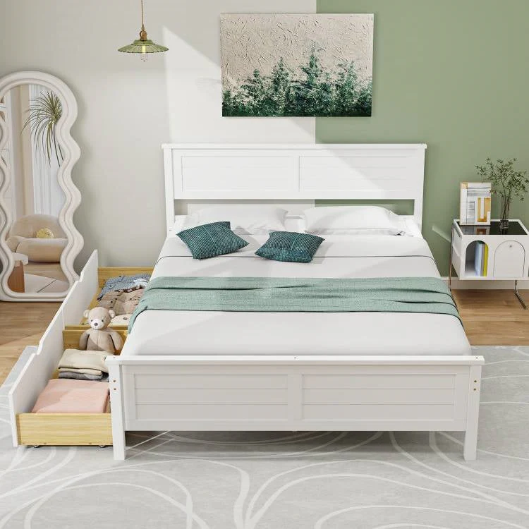 Full Size White Platform Bed Frame with 2 Storage Drawers - Image 3