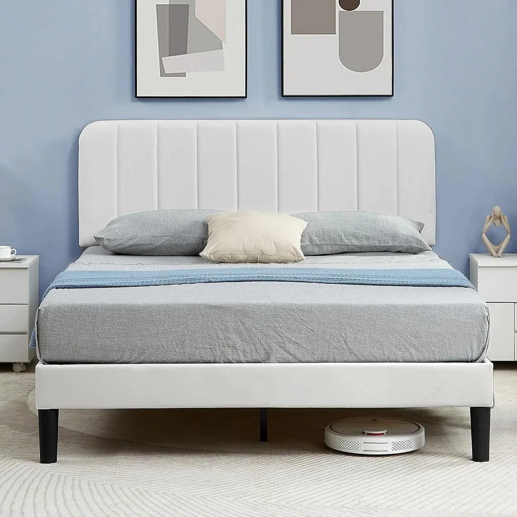 Full size White Upholstered Platform Bed Frame with Headboard - Image 3