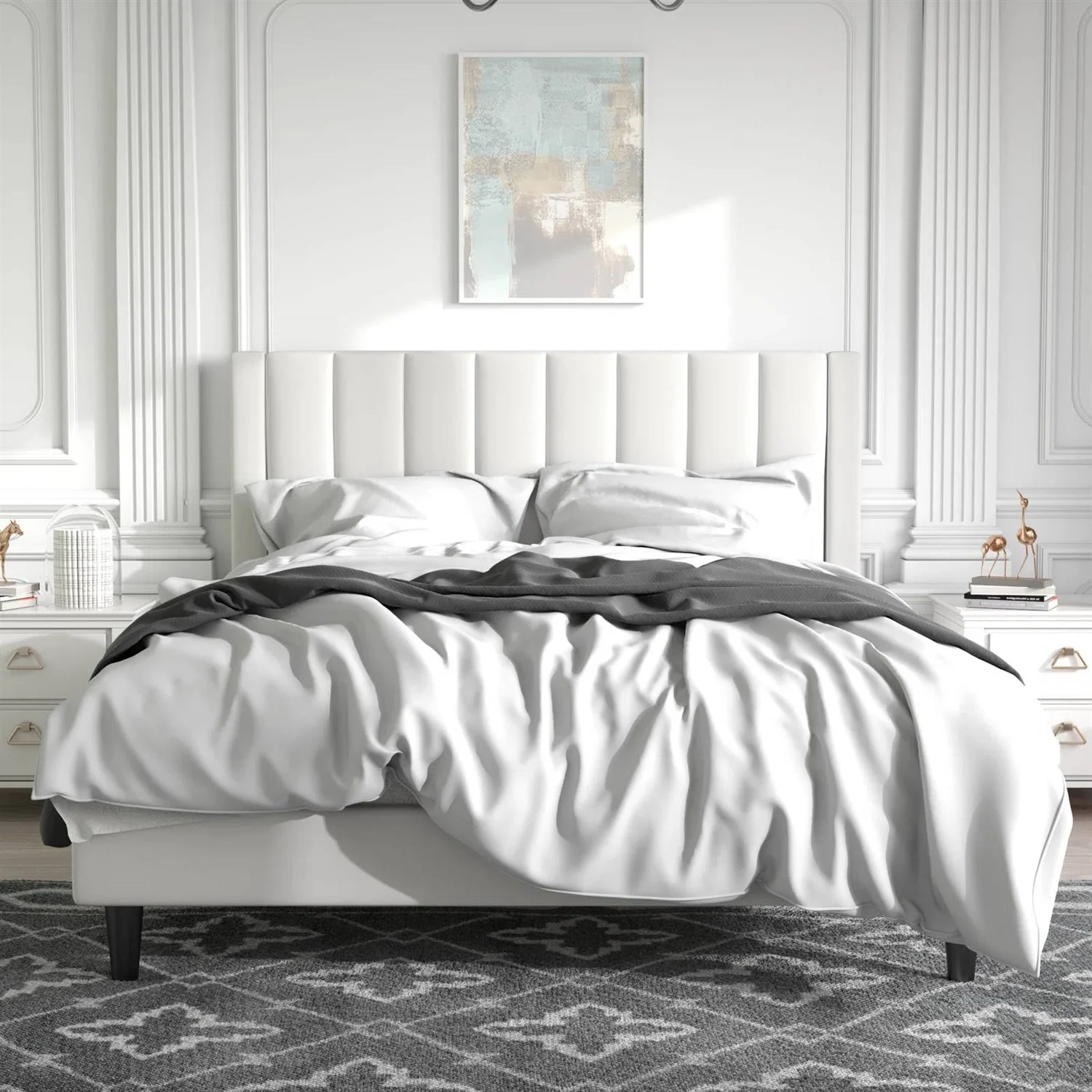 Full size White Velvet Upholstered Platform Bed Frame with Headboard - Image 2