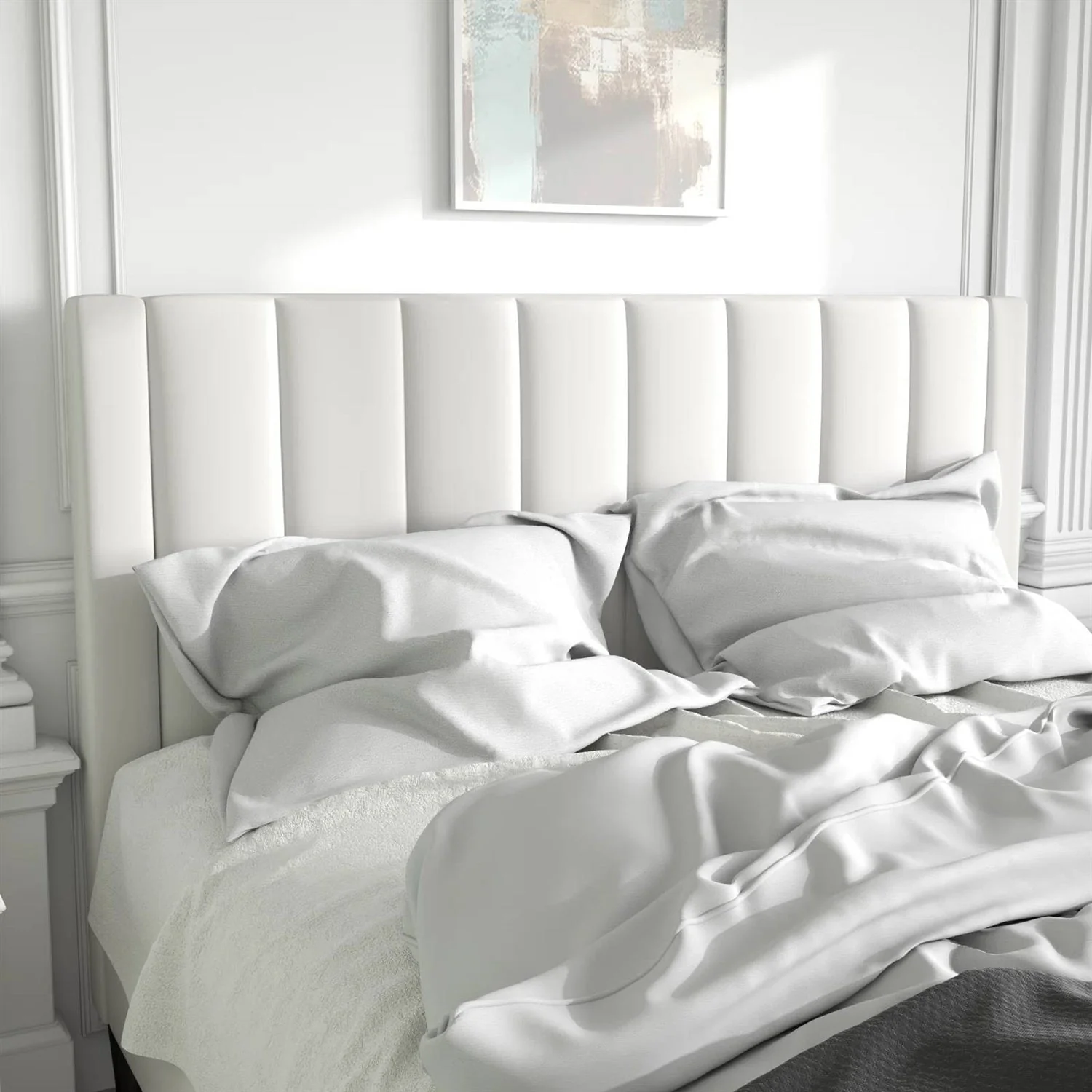 Full size White Velvet Upholstered Platform Bed Frame with Headboard - Image 3