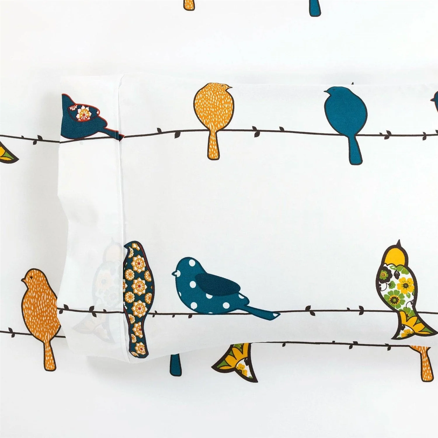 Full Teal Yellow White Floral Birds on Wire Soft Polyester 6 Piece Sheet Set - Image 5