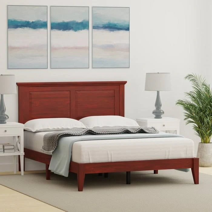 Full Traditional Solid Oak Wooden Platform Bed Frame with Headboard in Cherry - Image 2