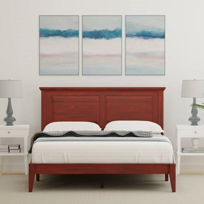 Full Traditional Solid Oak Wooden Platform Bed Frame with Headboard in Cherry - Image 3
