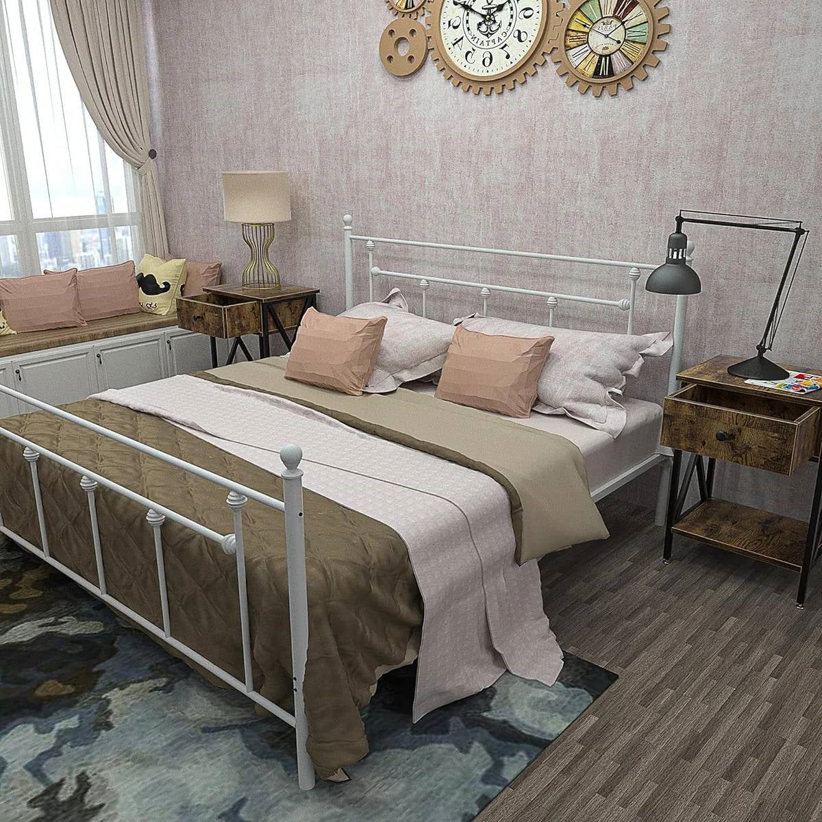 Full Vintage Style White Metal Platform Bed Frame with Headboard Footboard - Image 2