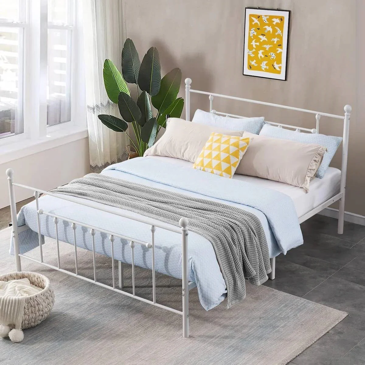 Full Vintage Style White Metal Platform Bed Frame with Headboard Footboard - Image 3