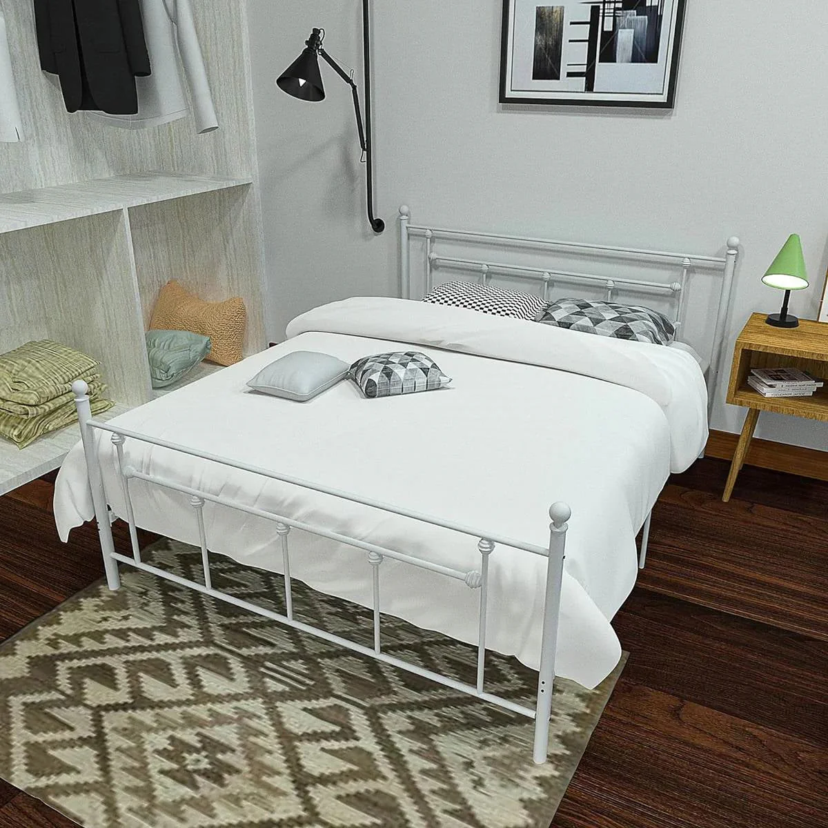 Full Vintage Style White Metal Platform Bed Frame with Headboard Footboard - Image 4