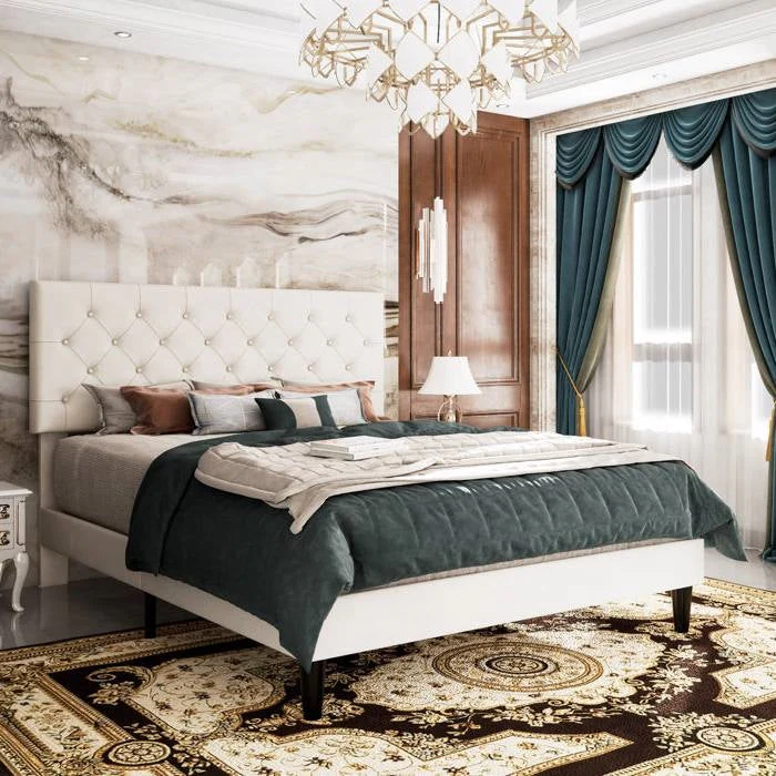 Full White Faux Leather Upholstered Platform Bed with Button-Tufted Headboard - Image 2