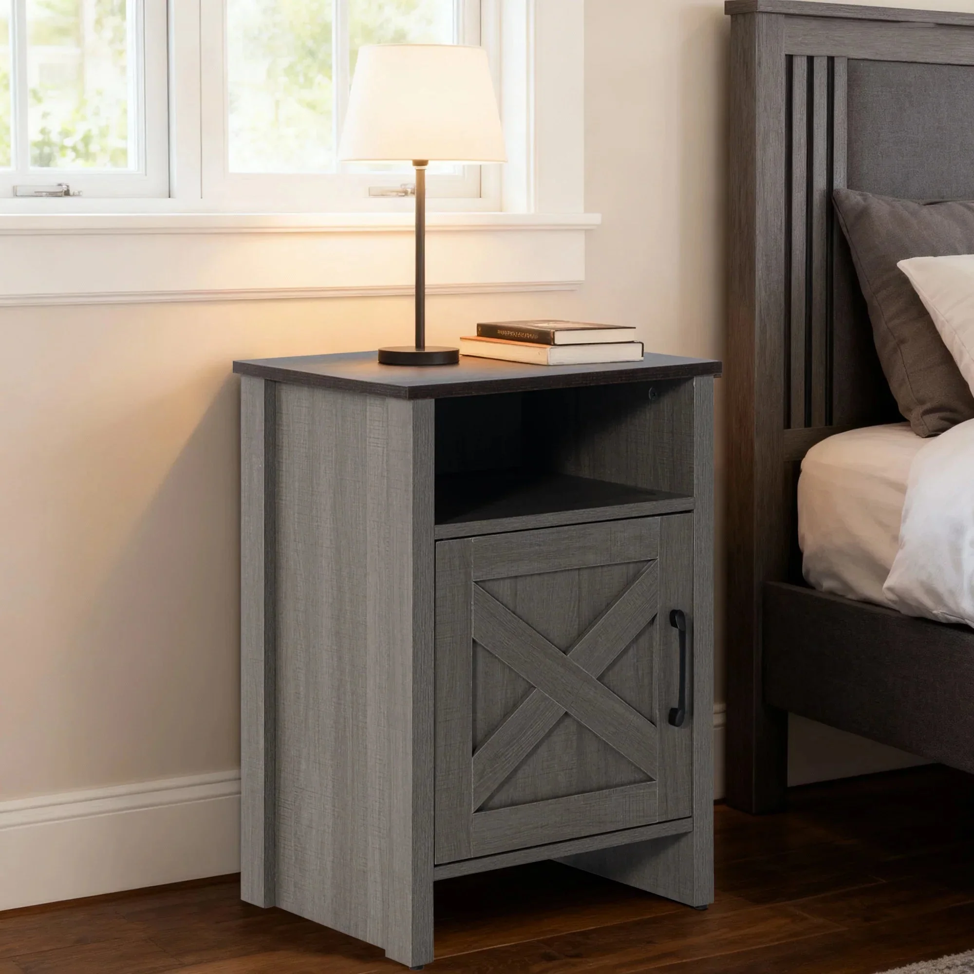 Furniture of America Farmhouse Grey 16-inch Side Table with Barn Door and Open Shelf - Image 7