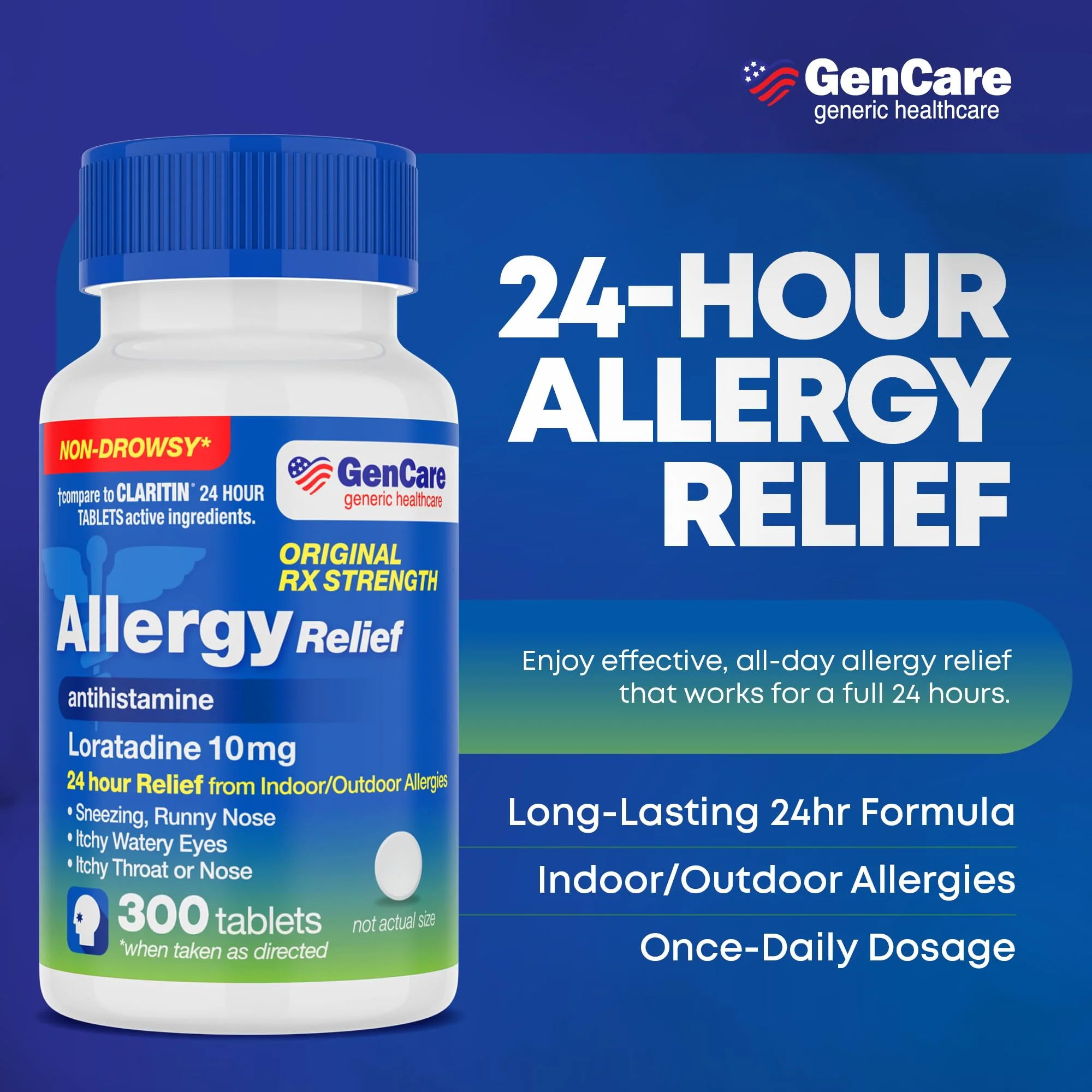 GenCare 24 Hour Nondrowsy Allergy Relief Tablets – Loratadine 10mg 300 Count – Daily Allergy Medicine Non Drowsy Antihistamine for Adults & Kids Age 6+, Generic for Clariten 10 mg, Single Tablet Dose - Image 7