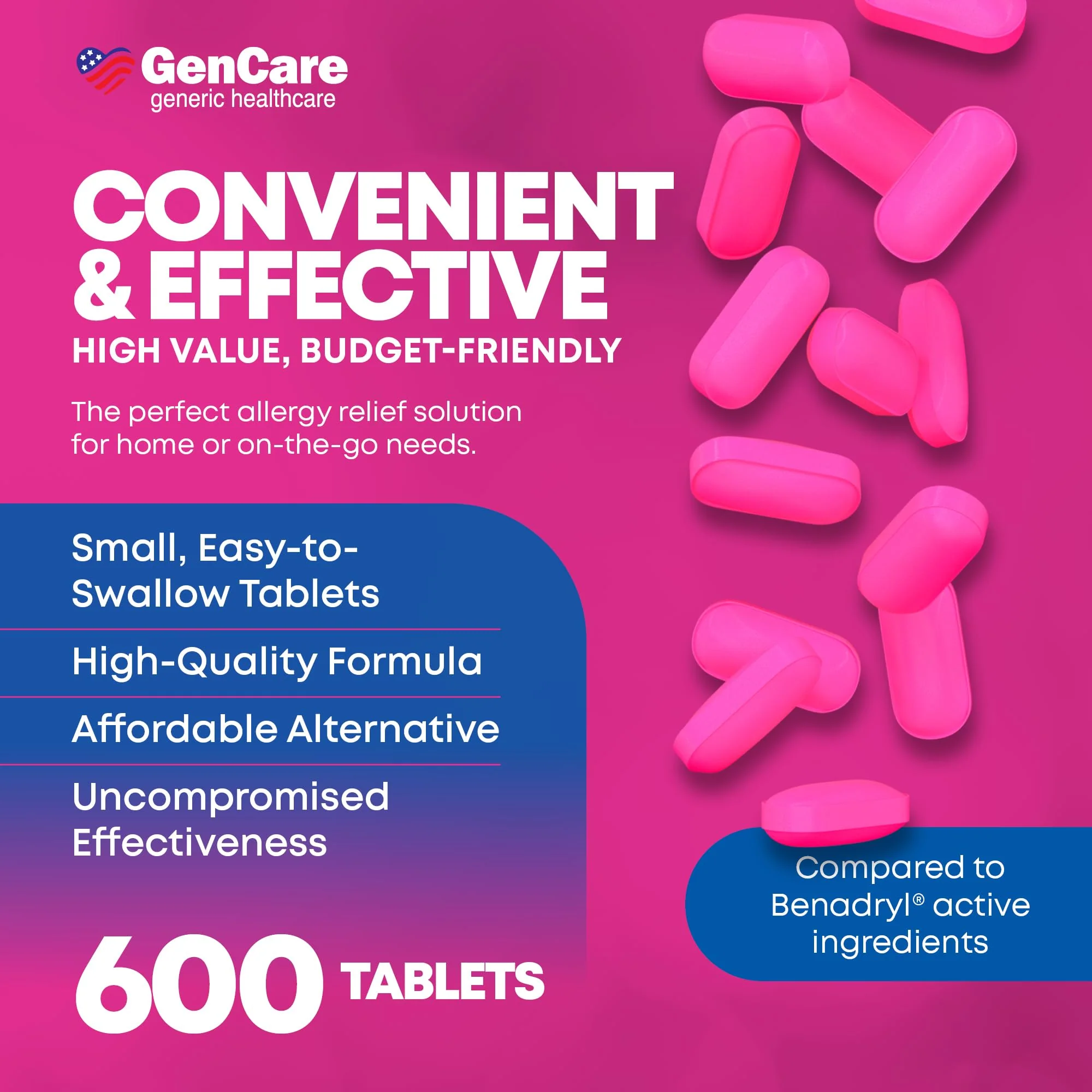 GenCare Allergy Relief Medicine – Bulk Value 600 Count Diphenhydramine 25mg – Antihistamines for Adults for Congestion, Sneezing, Runny Nose, Itchy Eyes & Throat – Pink Generic Benadryl Tablets 25 mg - Image 5