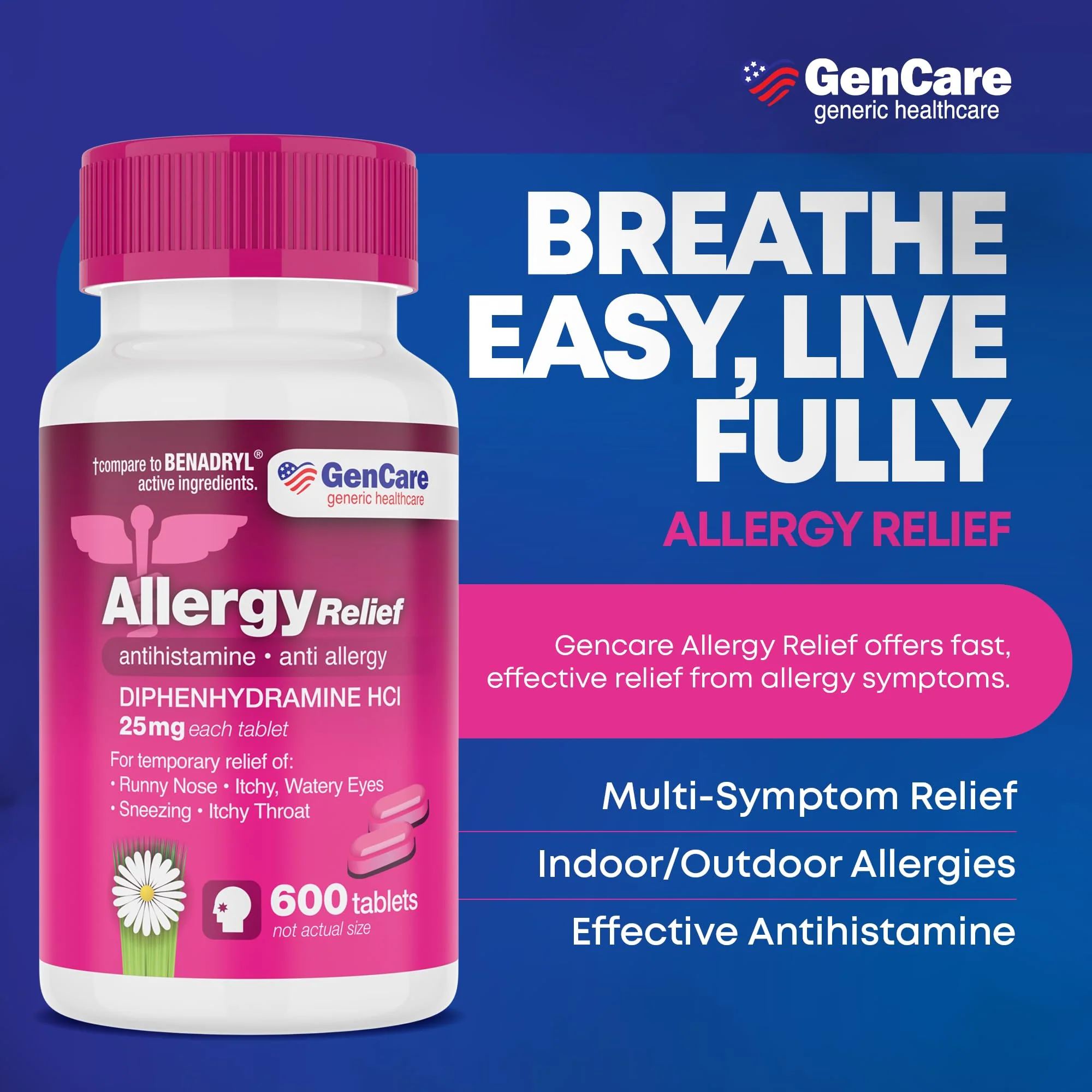 GenCare Allergy Relief Medicine – Bulk Value 600 Count Diphenhydramine 25mg – Antihistamines for Adults for Congestion, Sneezing, Runny Nose, Itchy Eyes & Throat – Pink Generic Benadryl Tablets 25 mg - Image 7
