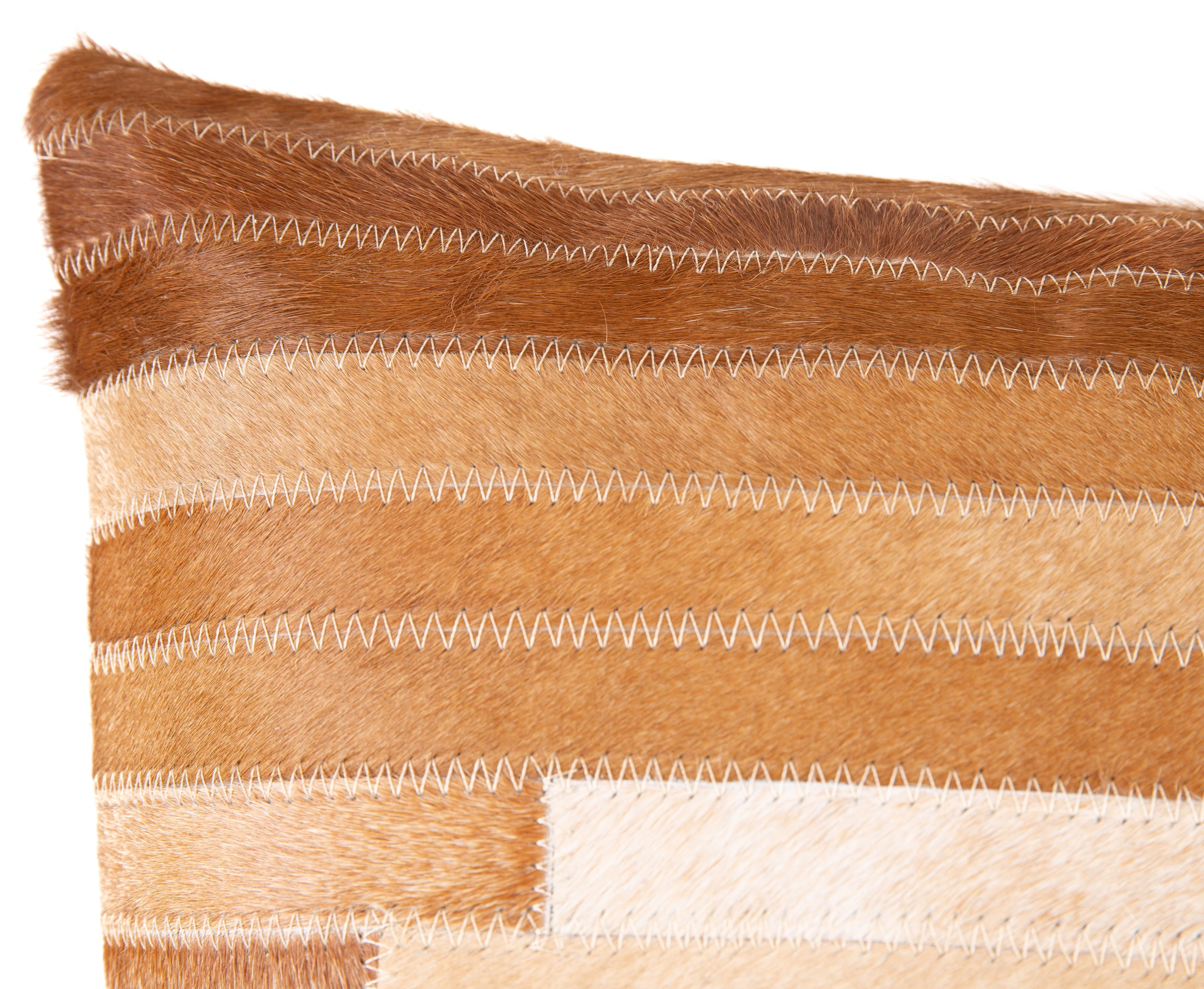 Genuine Cowhide Leather Decorative Throw Pillow - Beige and Ivory Striped Patchwork, 20x20 - Image 2