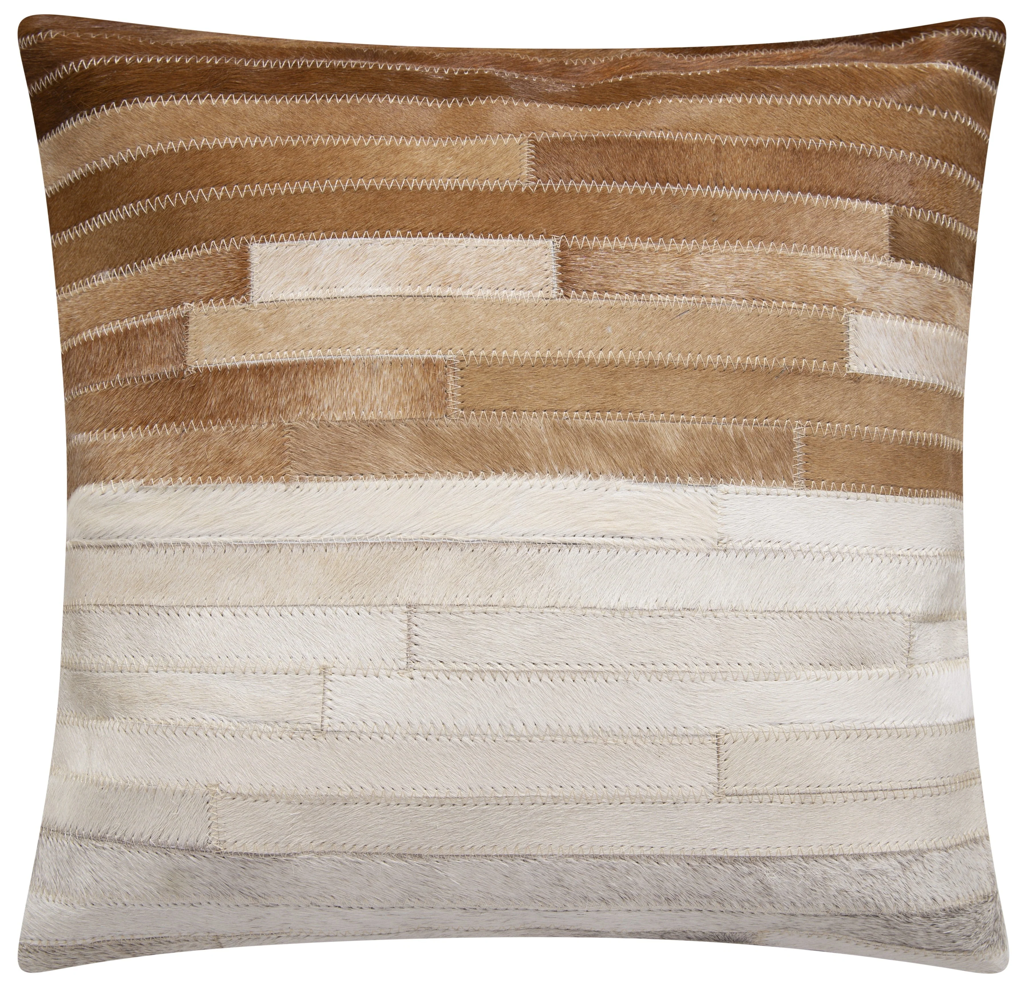 Genuine Cowhide Leather Decorative Throw Pillow - Beige and Ivory Striped Patchwork, 20x20 - Image 3