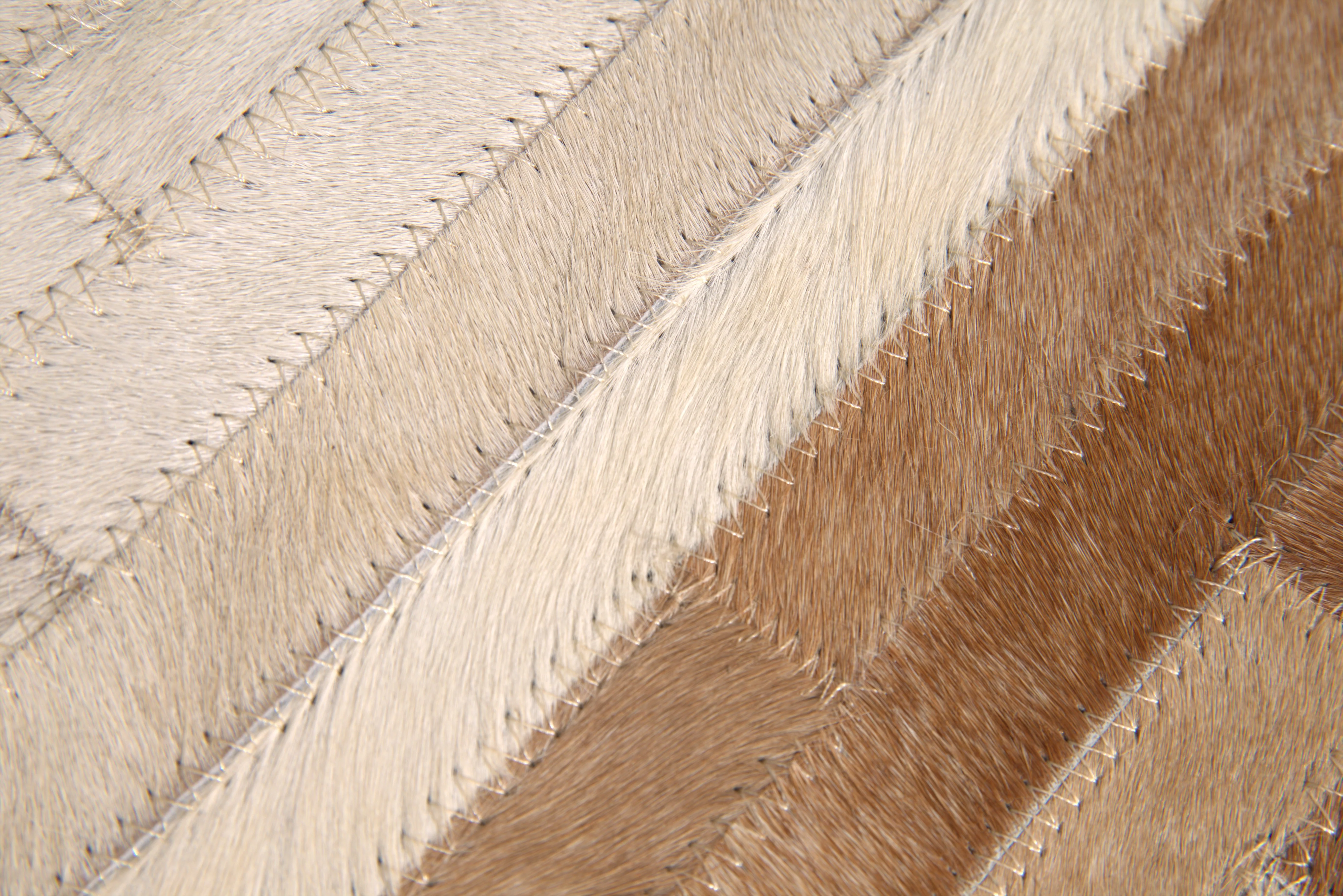 Genuine Cowhide Leather Decorative Throw Pillow - Beige and Ivory Striped Patchwork, 20x20 - Image 4