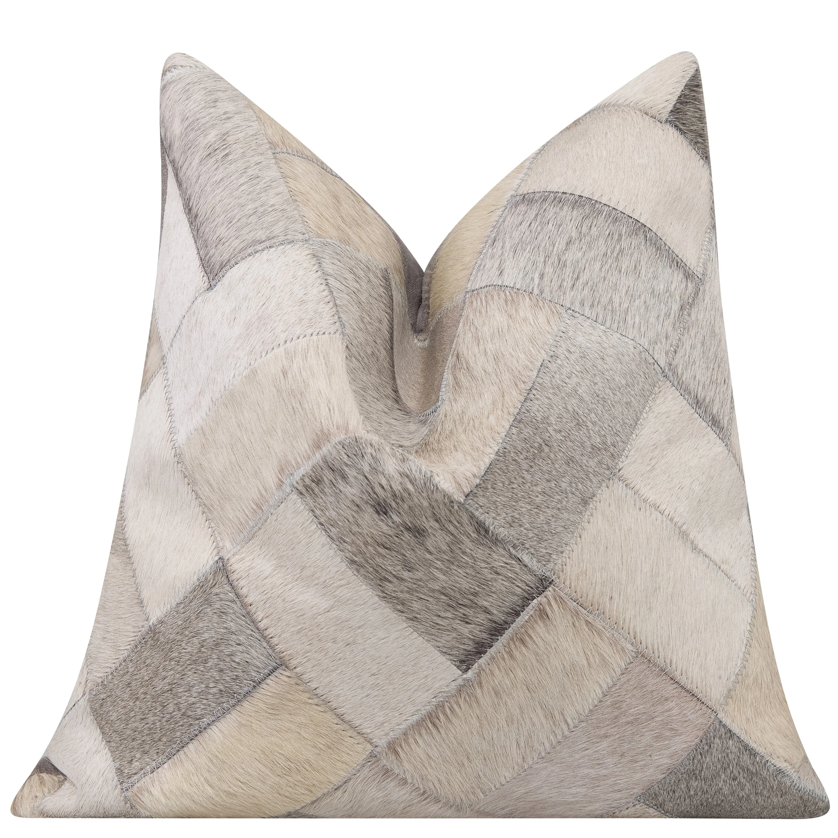 Genuine Cowhide Leather Decorative Throw Pillow - Gray and Ivory Diamond Patchwork, 20x20 - Image 3