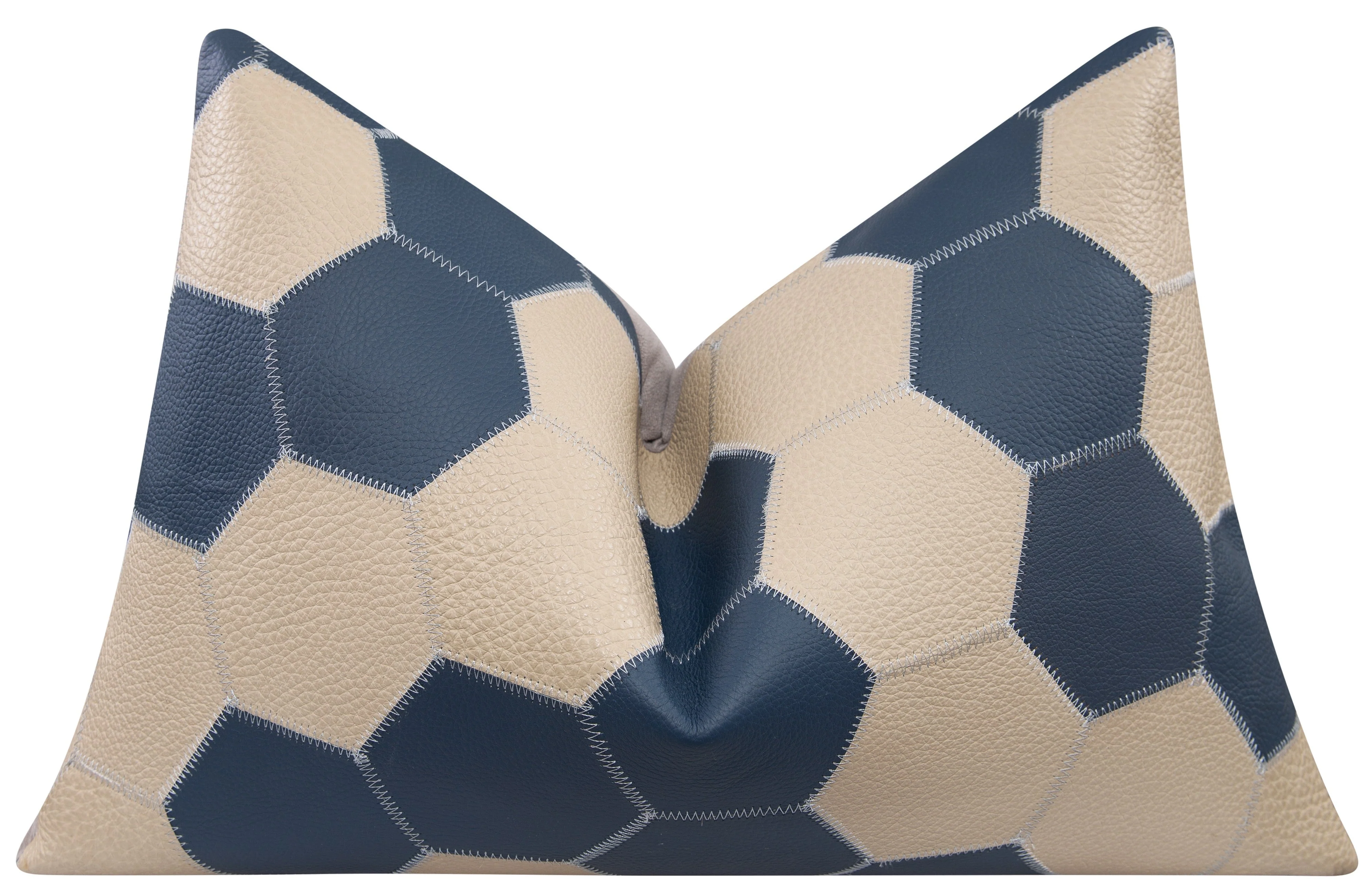 Genuine Cowhide Leather Decorative Throw Pillow - Navy Blue and Cream Hexagonal Patchwork - Image 12