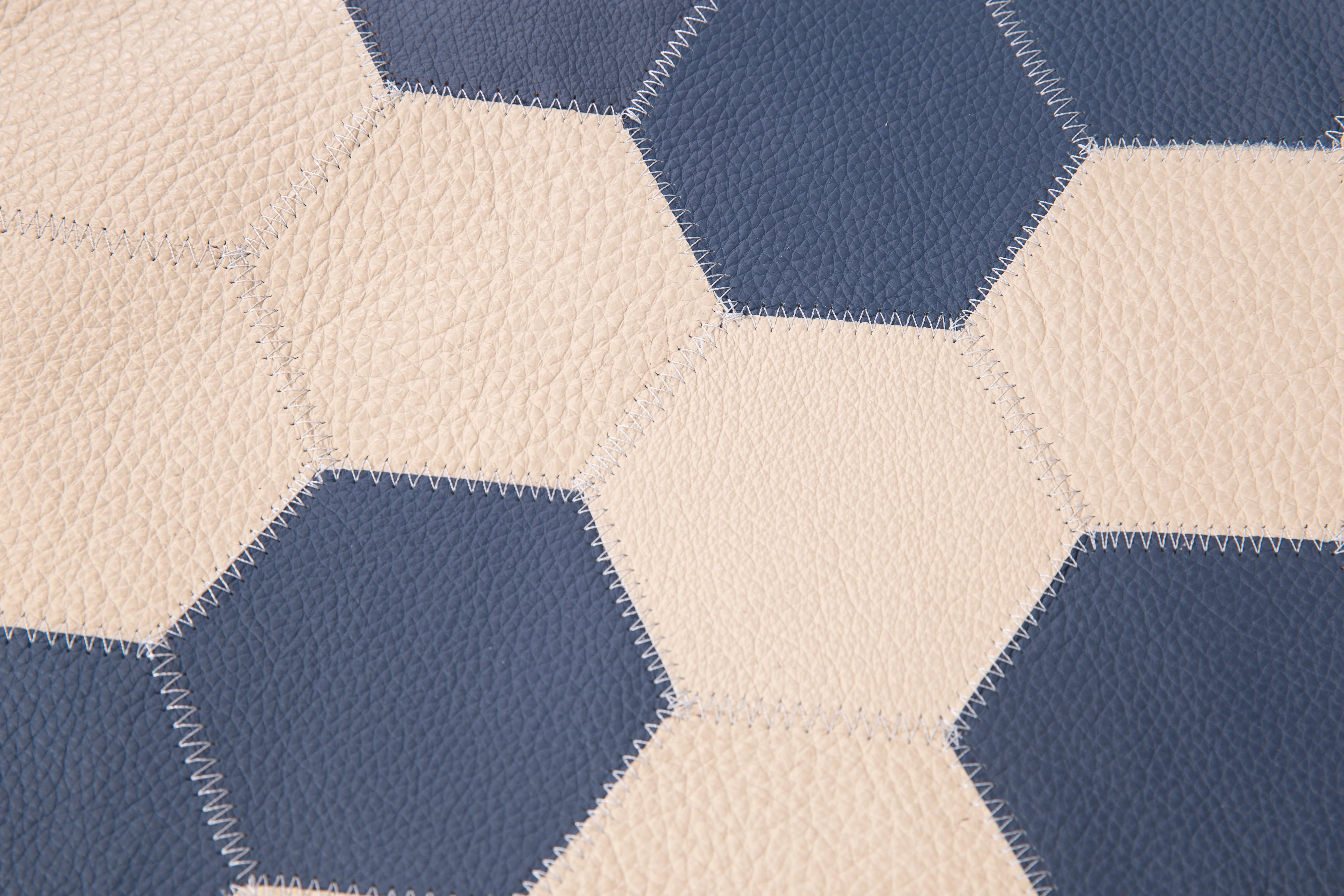 Genuine Cowhide Leather Decorative Throw Pillow - Navy Blue and Cream Hexagonal Patchwork - Image 13
