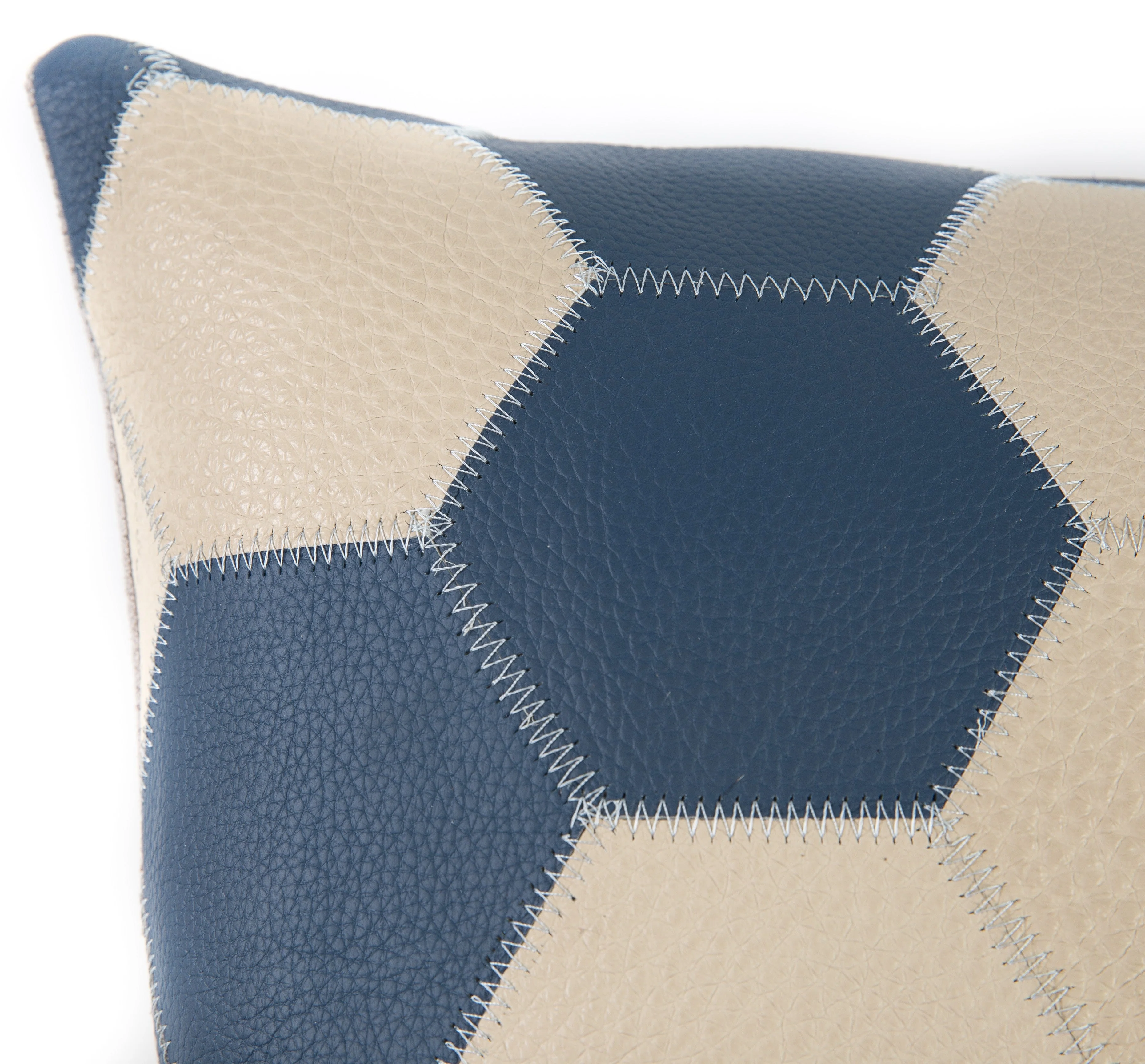 Genuine Cowhide Leather Decorative Throw Pillow - Navy Blue and Cream Hexagonal Patchwork - Image 14