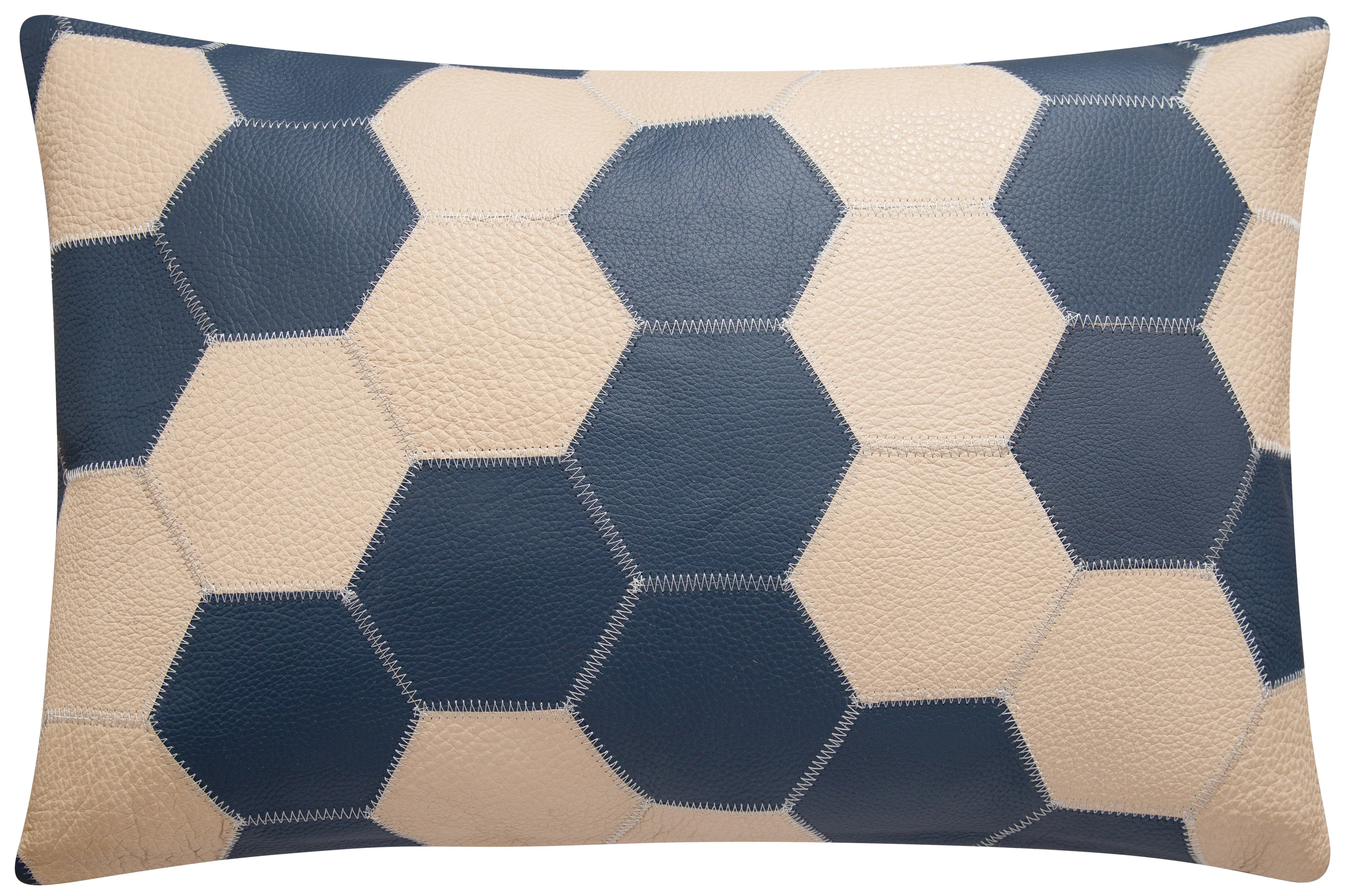 Genuine Cowhide Leather Decorative Throw Pillow - Navy Blue and Cream Hexagonal Patchwork - Image 15
