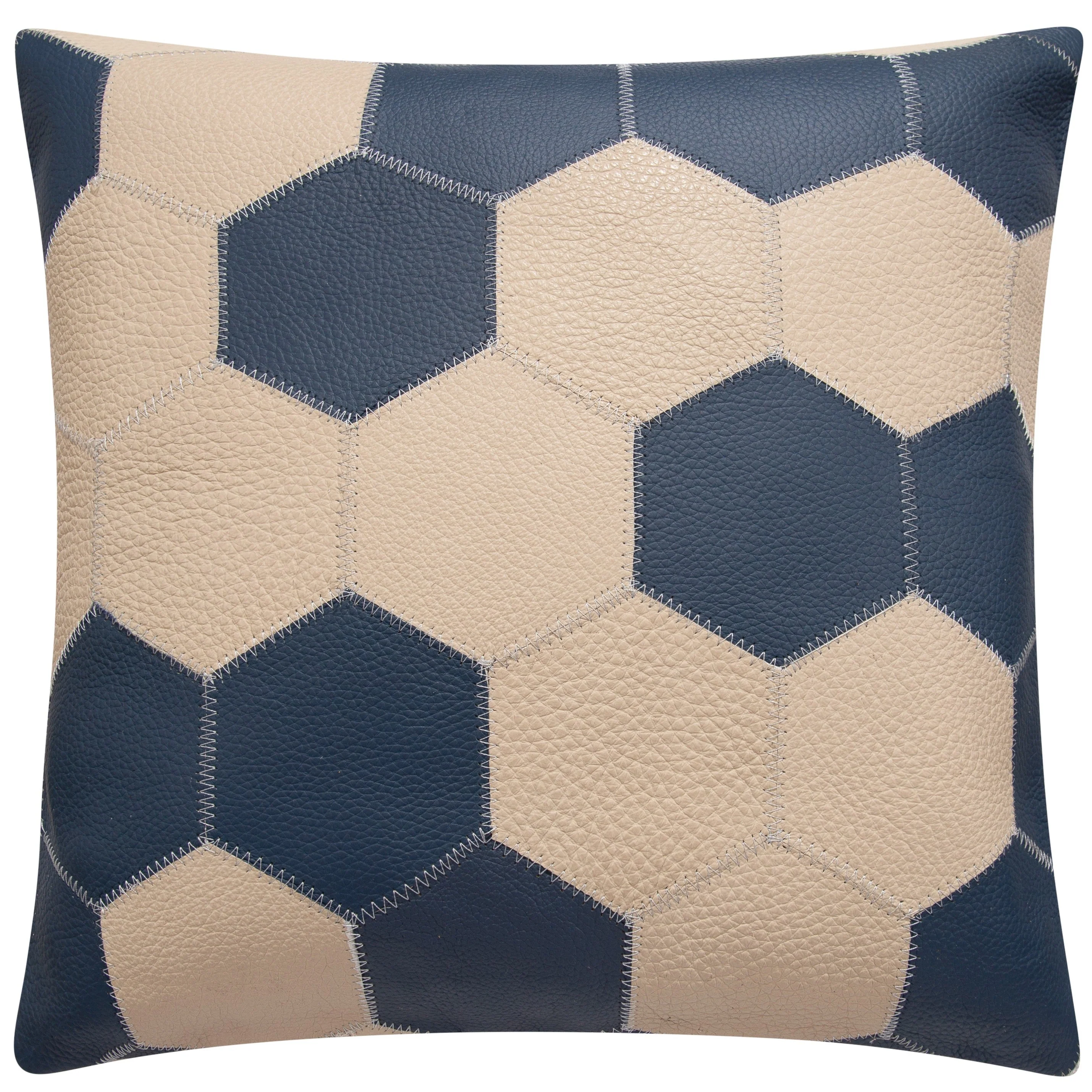 Genuine Cowhide Leather Decorative Throw Pillow - Navy Blue and Cream Hexagonal Patchwork - Image 2