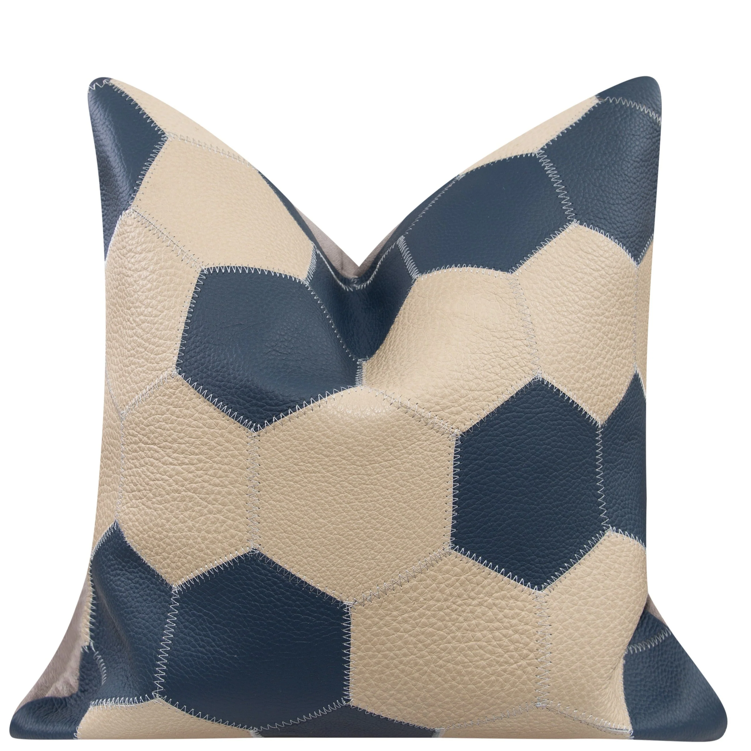 Genuine Cowhide Leather Decorative Throw Pillow - Navy Blue and Cream Hexagonal Patchwork - Image 6