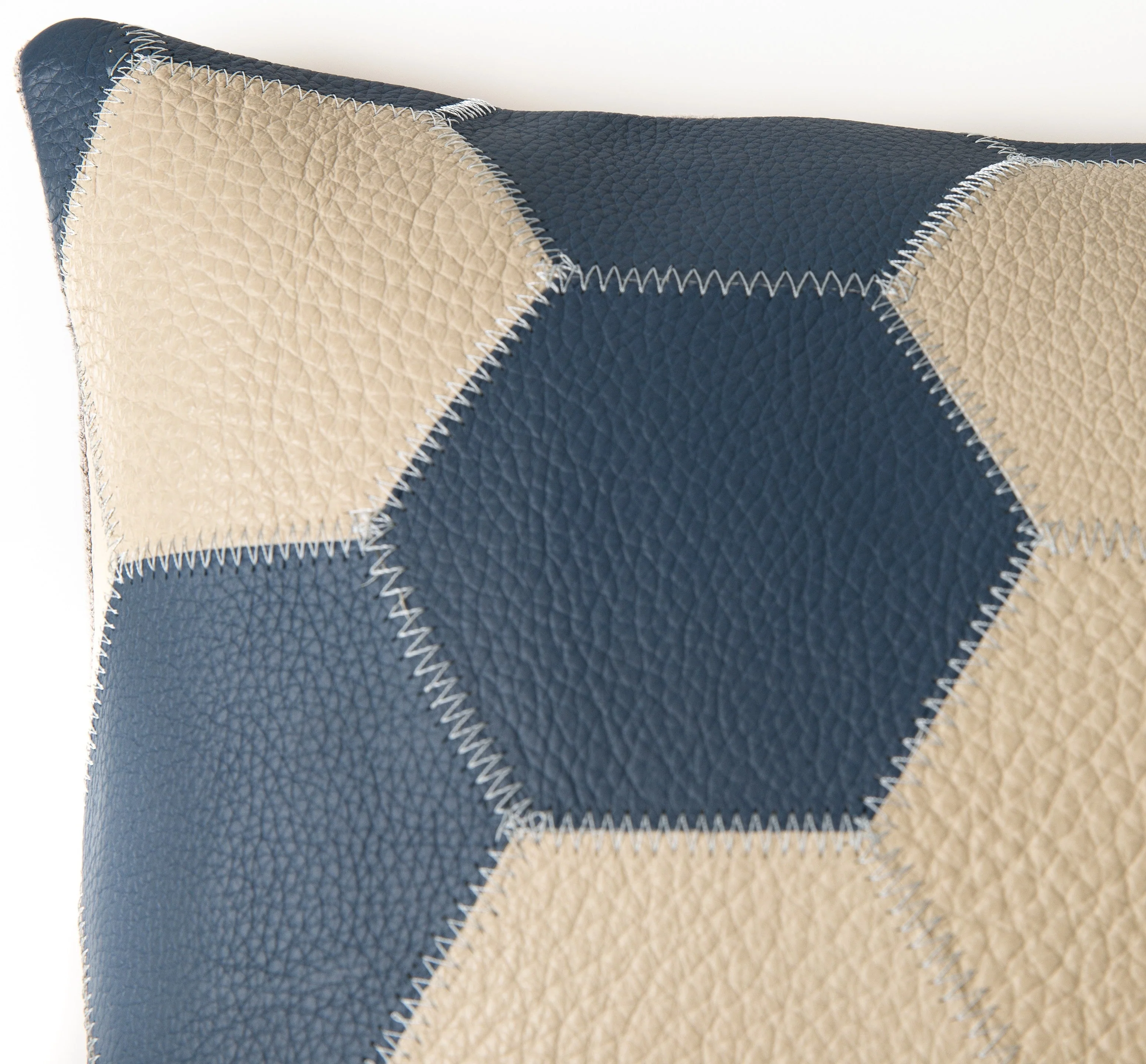 Genuine Cowhide Leather Decorative Throw Pillow - Navy Blue and Cream Hexagonal Patchwork - Image 8