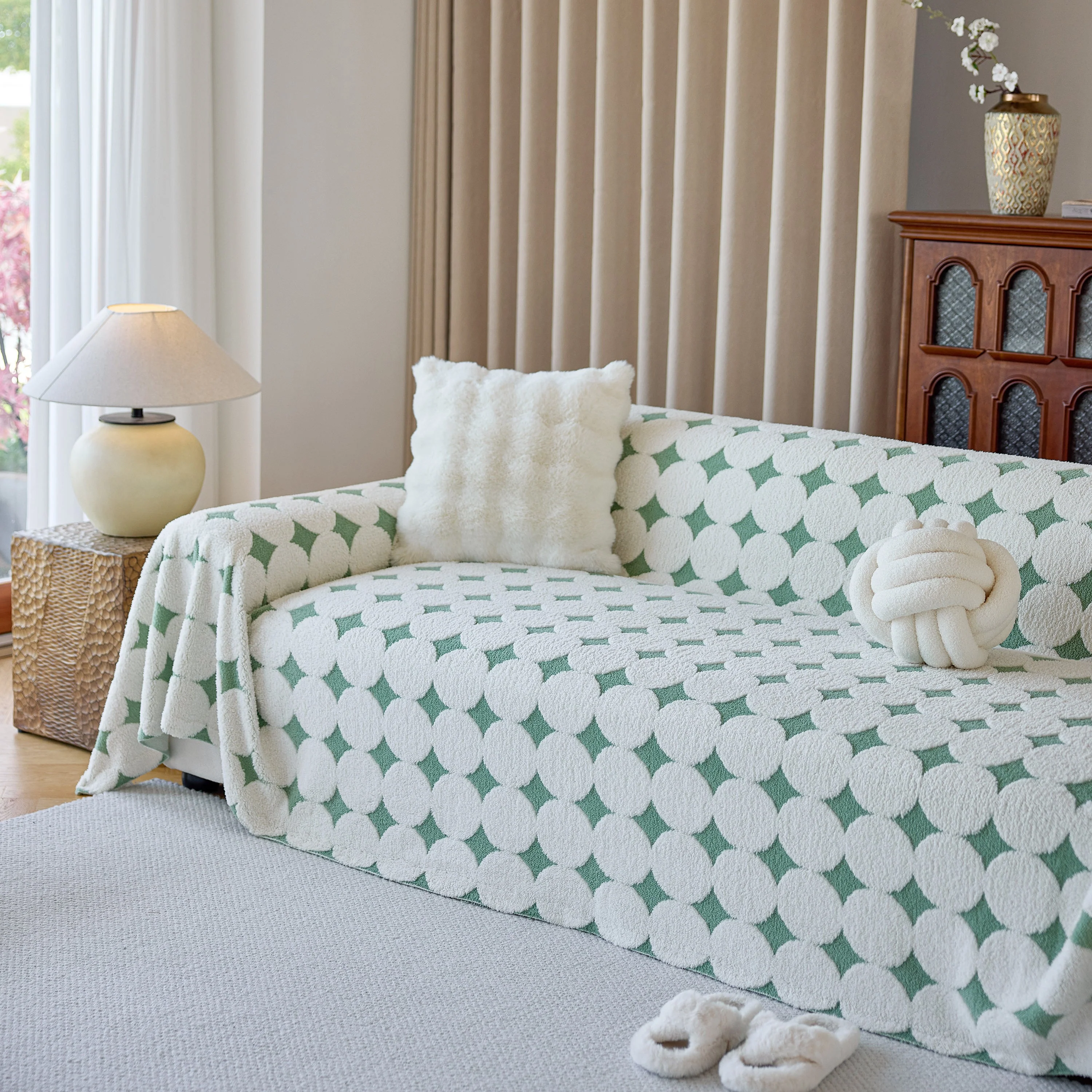 Geometric Jacquard Plush Warm Sofa Couch Cover Coral Fleece Throw Blanket for Couch - Image 14