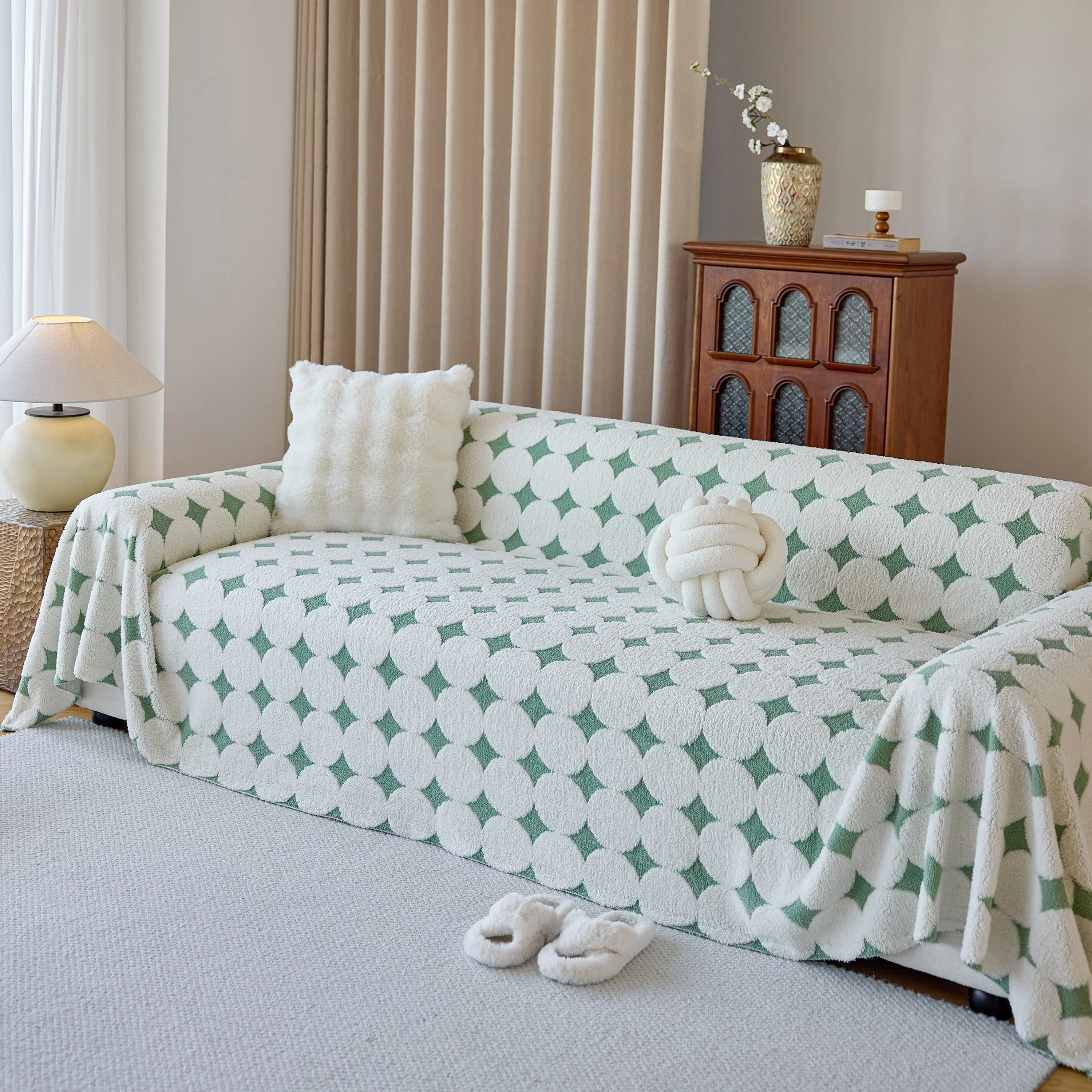 Geometric Jacquard Plush Warm Sofa Couch Cover Coral Fleece Throw Blanket for Couch - Image 15