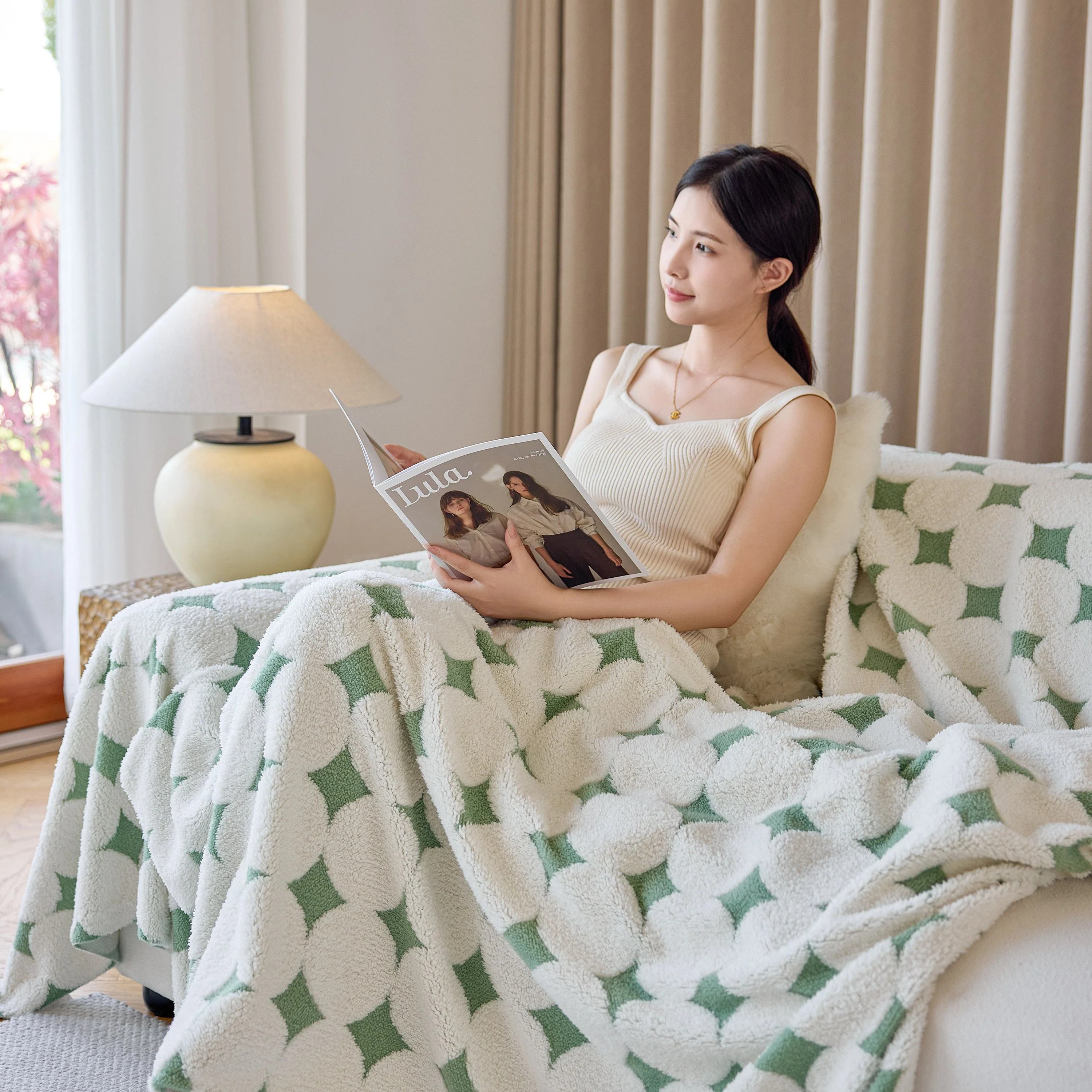Geometric Jacquard Plush Warm Sofa Couch Cover Coral Fleece Throw Blanket for Couch - Image 21