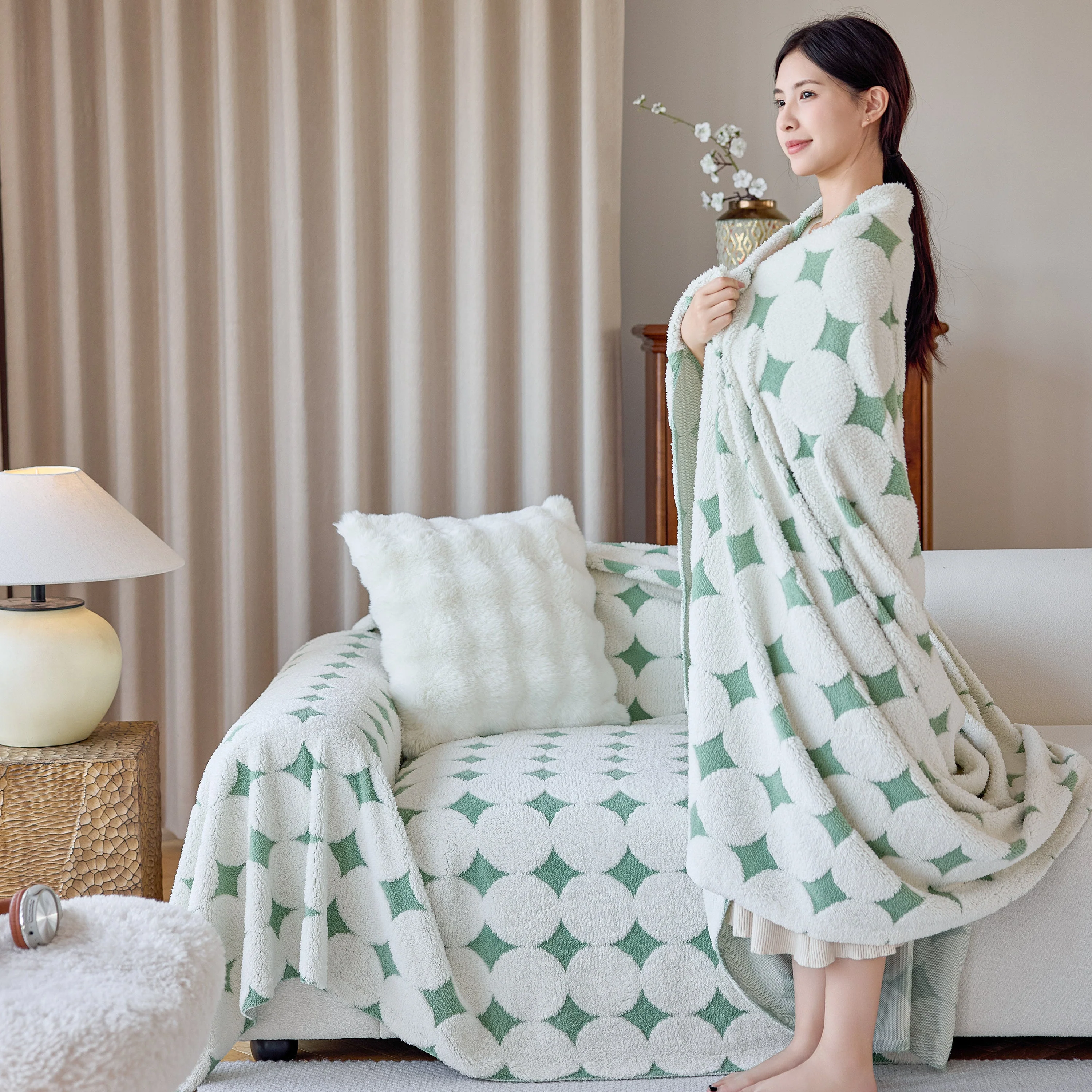 Geometric Jacquard Plush Warm Sofa Couch Cover Coral Fleece Throw Blanket for Couch - Image 26
