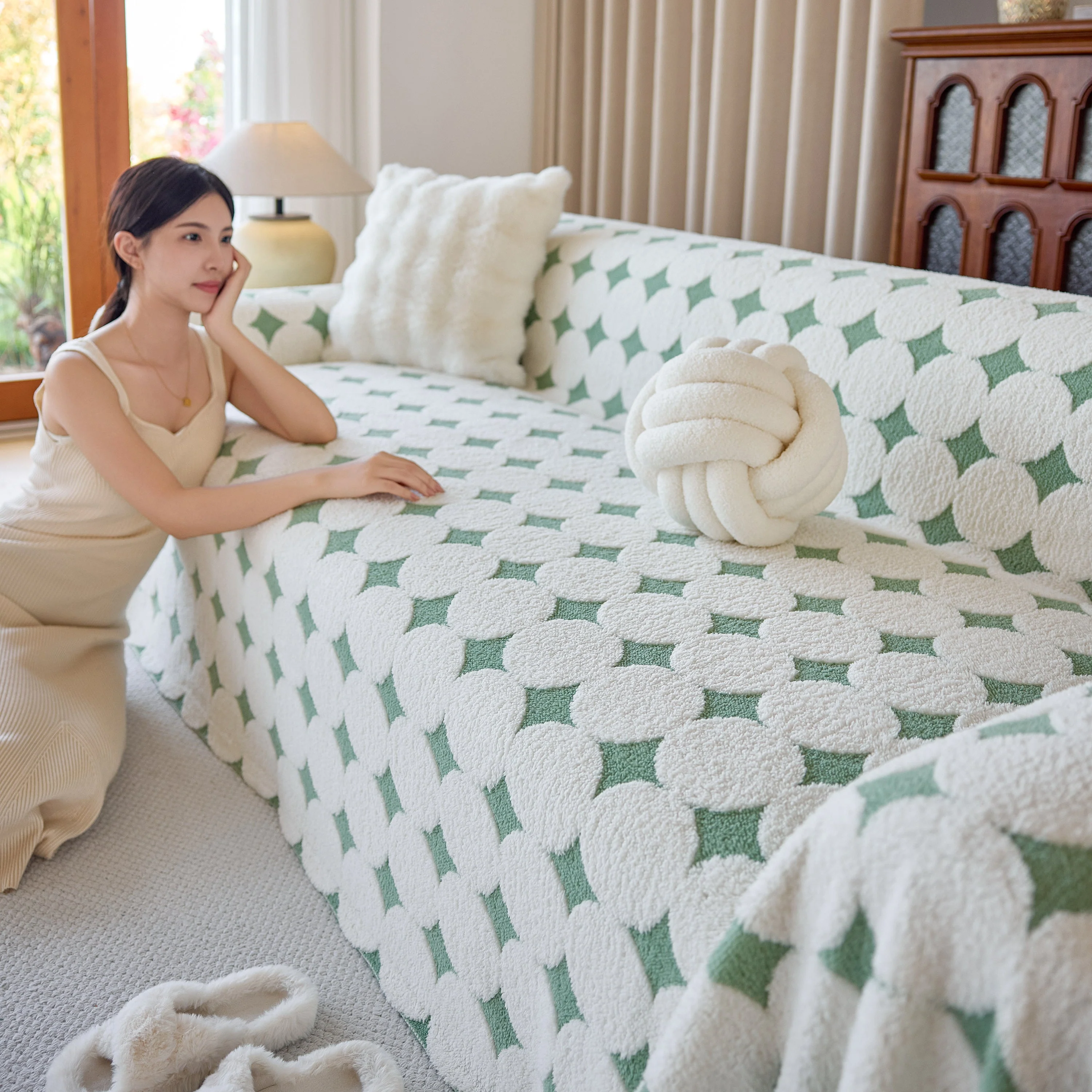 Geometric Jacquard Plush Warm Sofa Couch Cover Coral Fleece Throw Blanket for Couch - Image 30