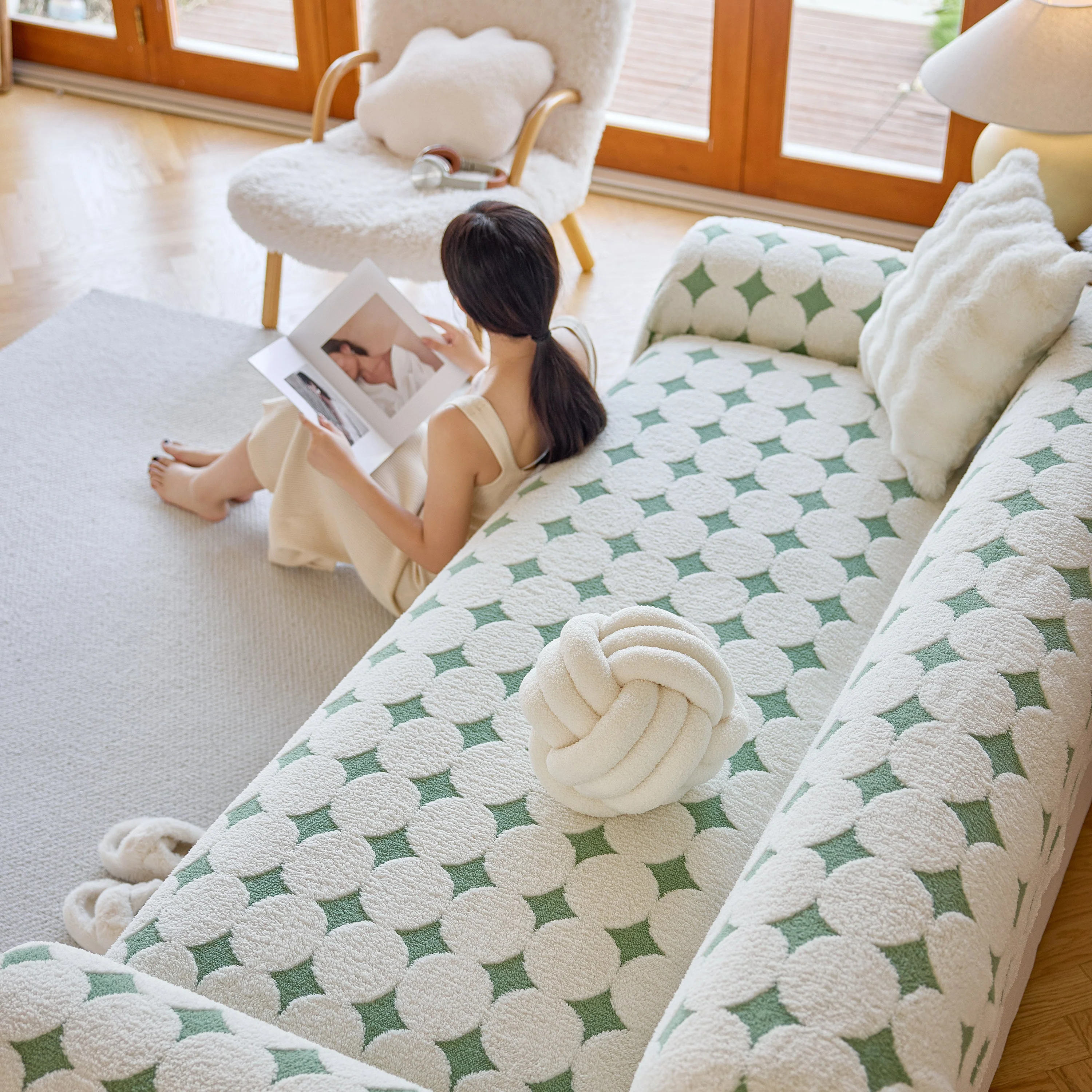 Geometric Jacquard Plush Warm Sofa Couch Cover Coral Fleece Throw Blanket for Couch - Image 35
