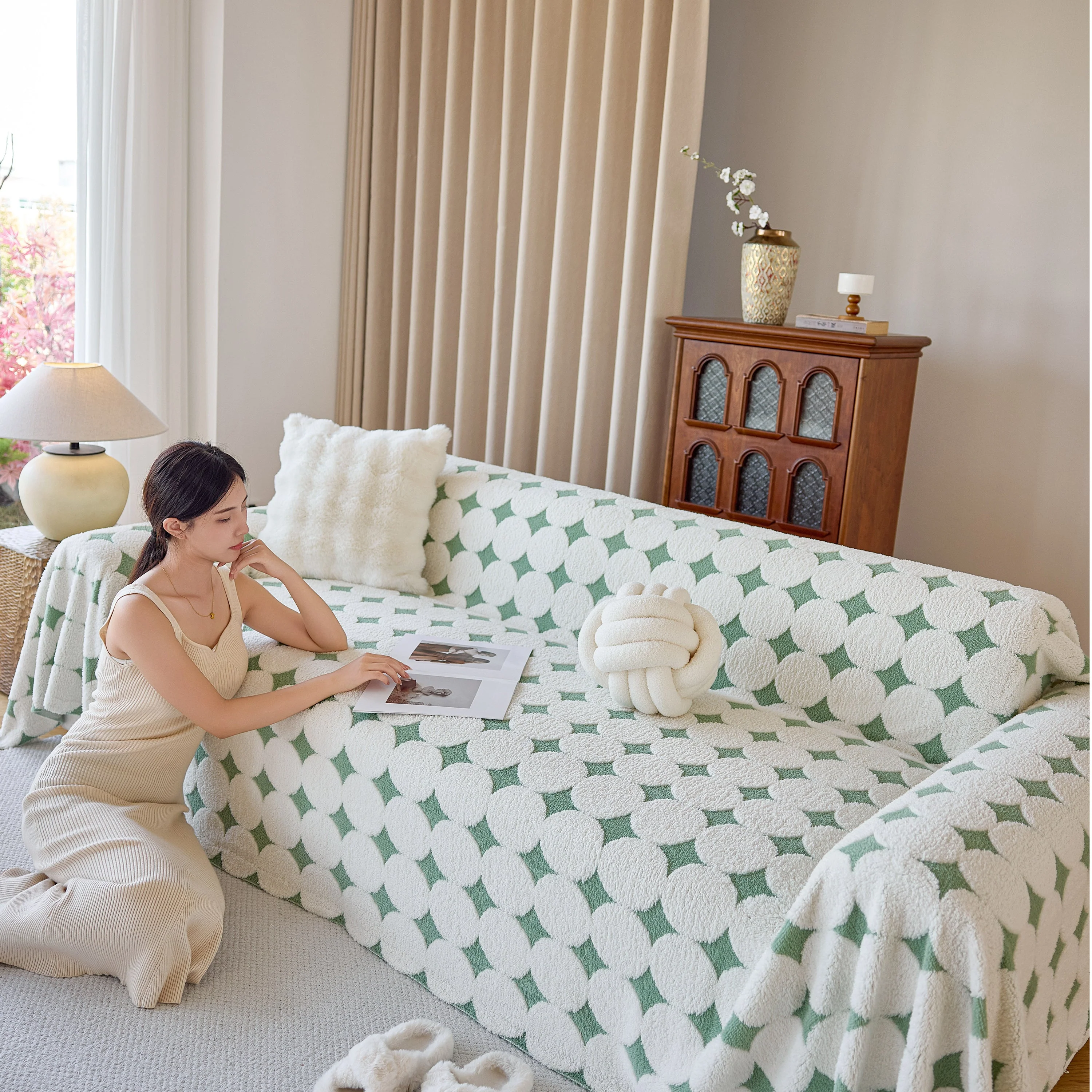 Geometric Jacquard Plush Warm Sofa Couch Cover Coral Fleece Throw Blanket for Couch - Image 36